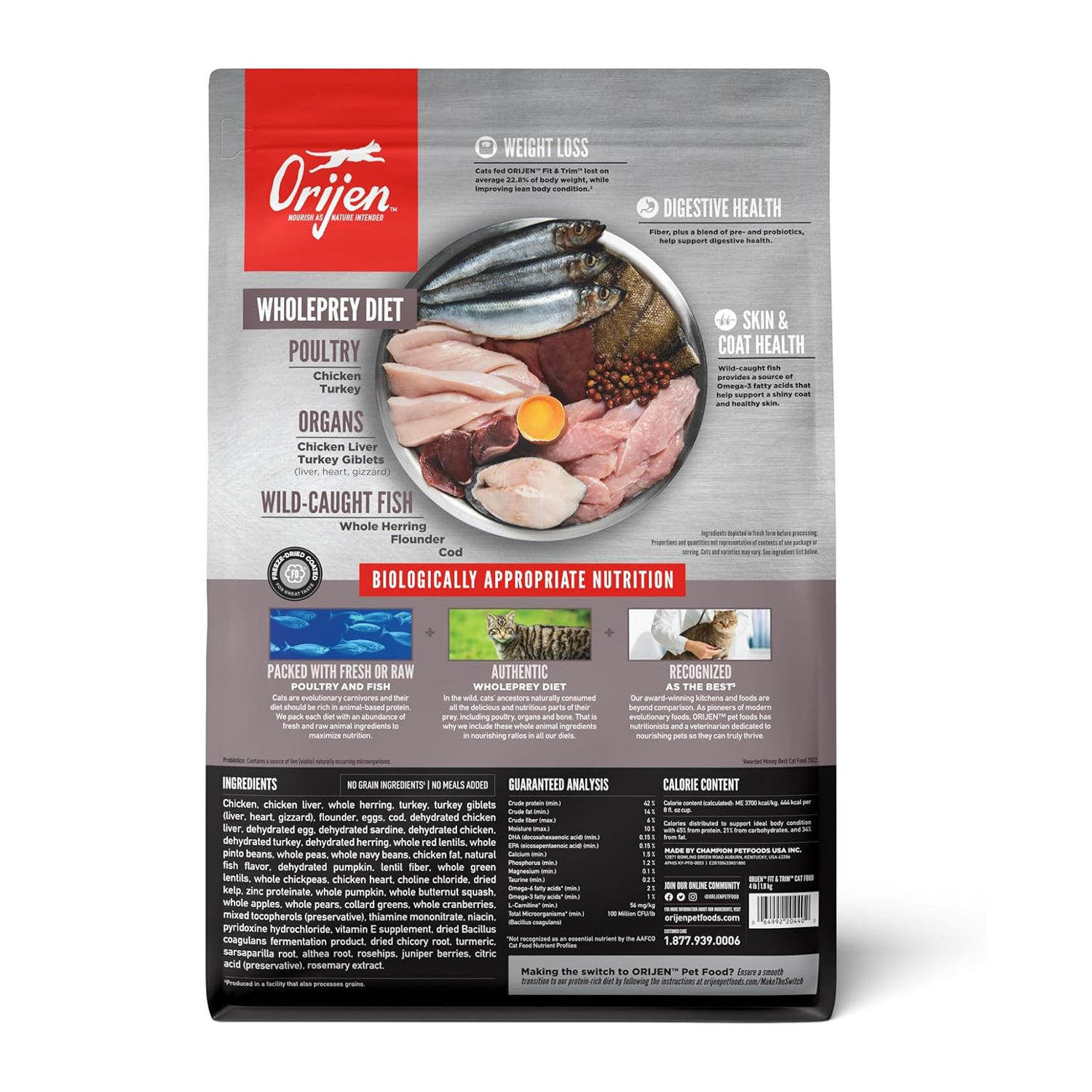 A 4lb bag of ORIJEN Fit & Trim grain-free high-protein dry cat food with image of the product packaging and branding.