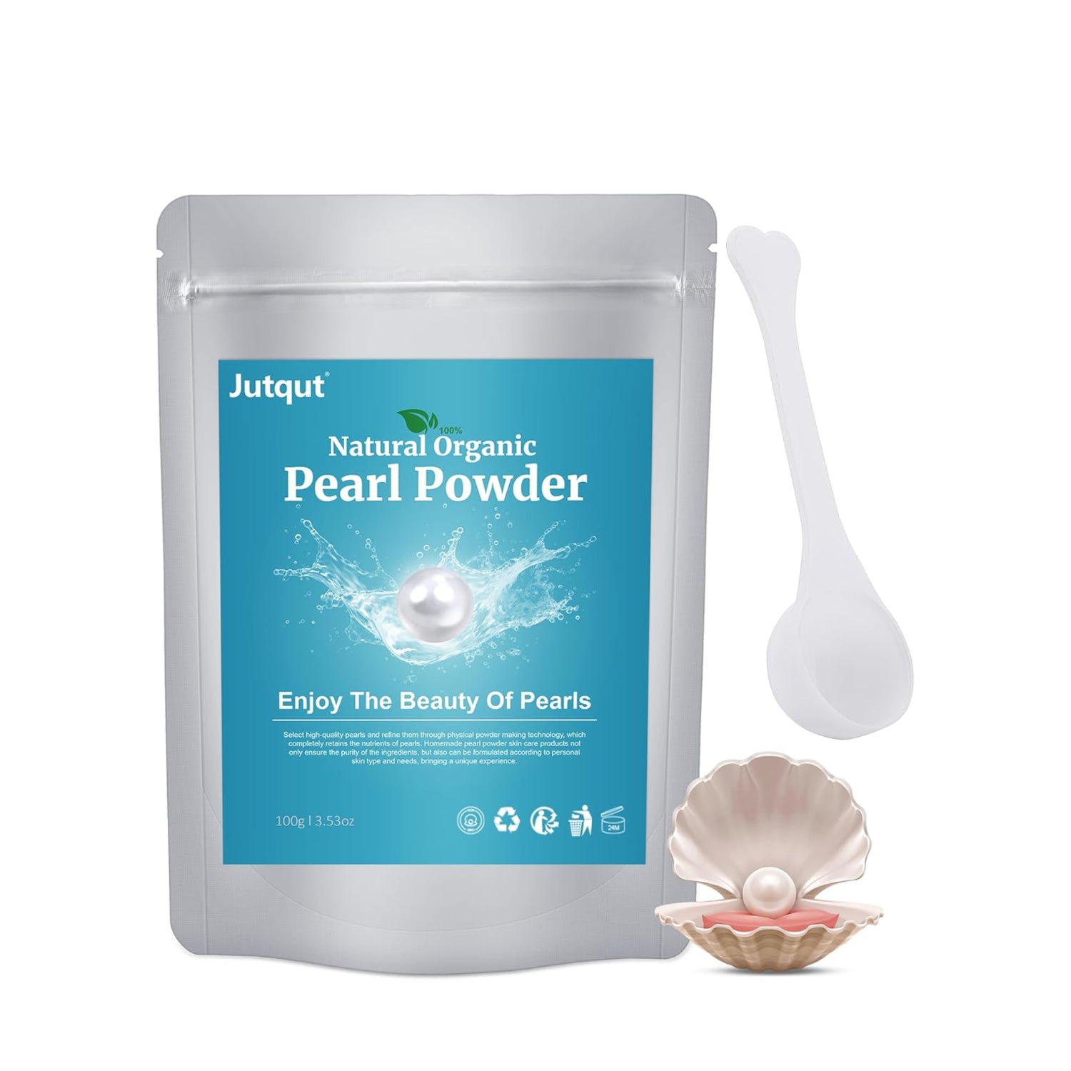 Jutqut natural organic pearl powder package with a spoon and pearl in a shell on a white background