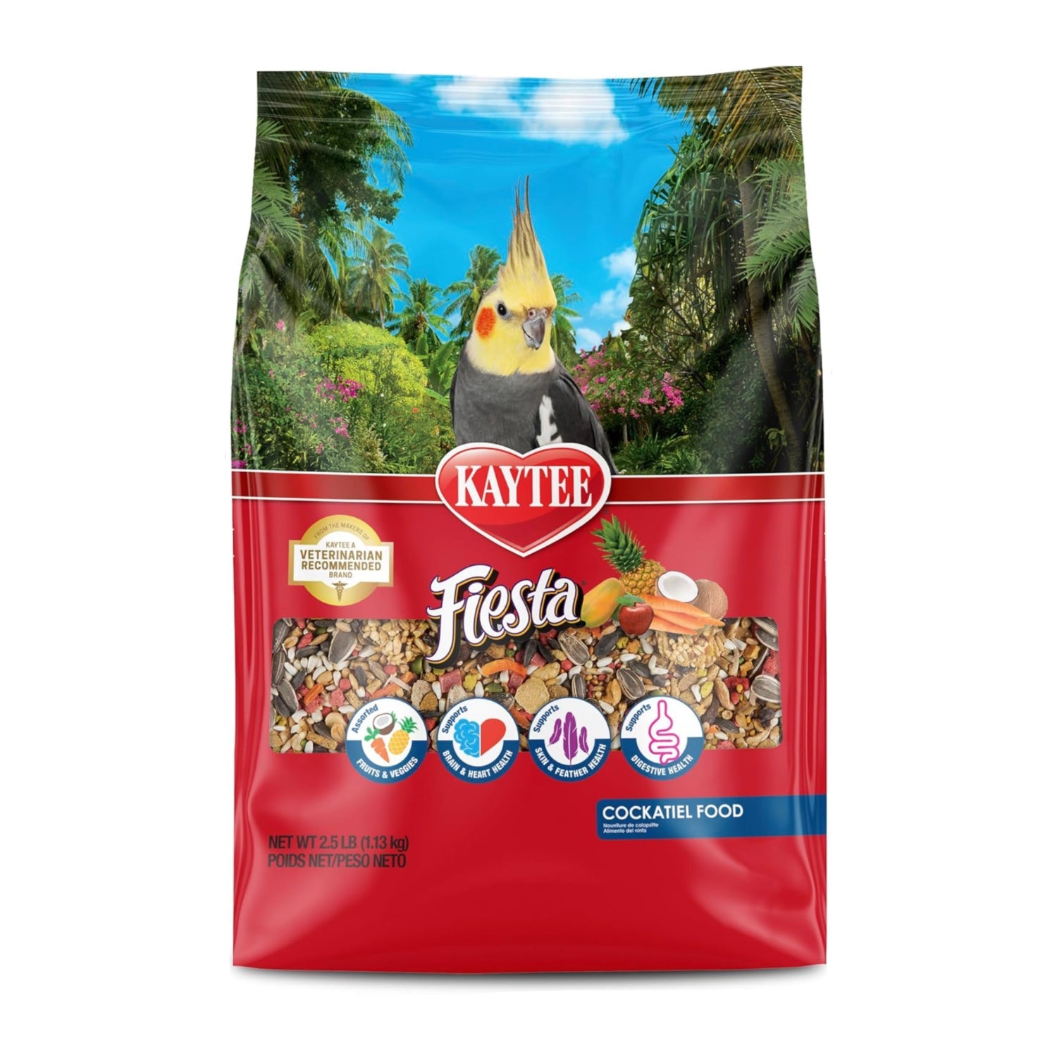 Kaytee Fiesta Cockatiel Food blend in a bag, showing colorful seeds and pellets designed to support skin and feather health.