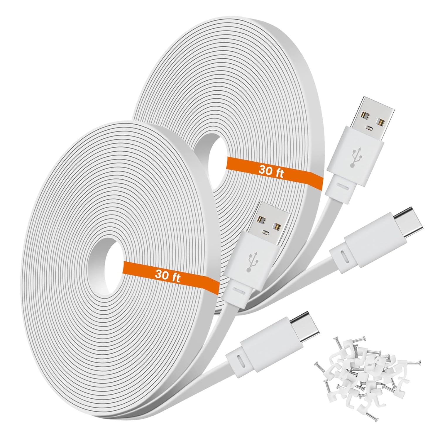 Weishan 2-pack 30ft USB C power extension cables for Ring Pan-Tilt Indoor Cam, featuring long flexible cables and USB C connectors.