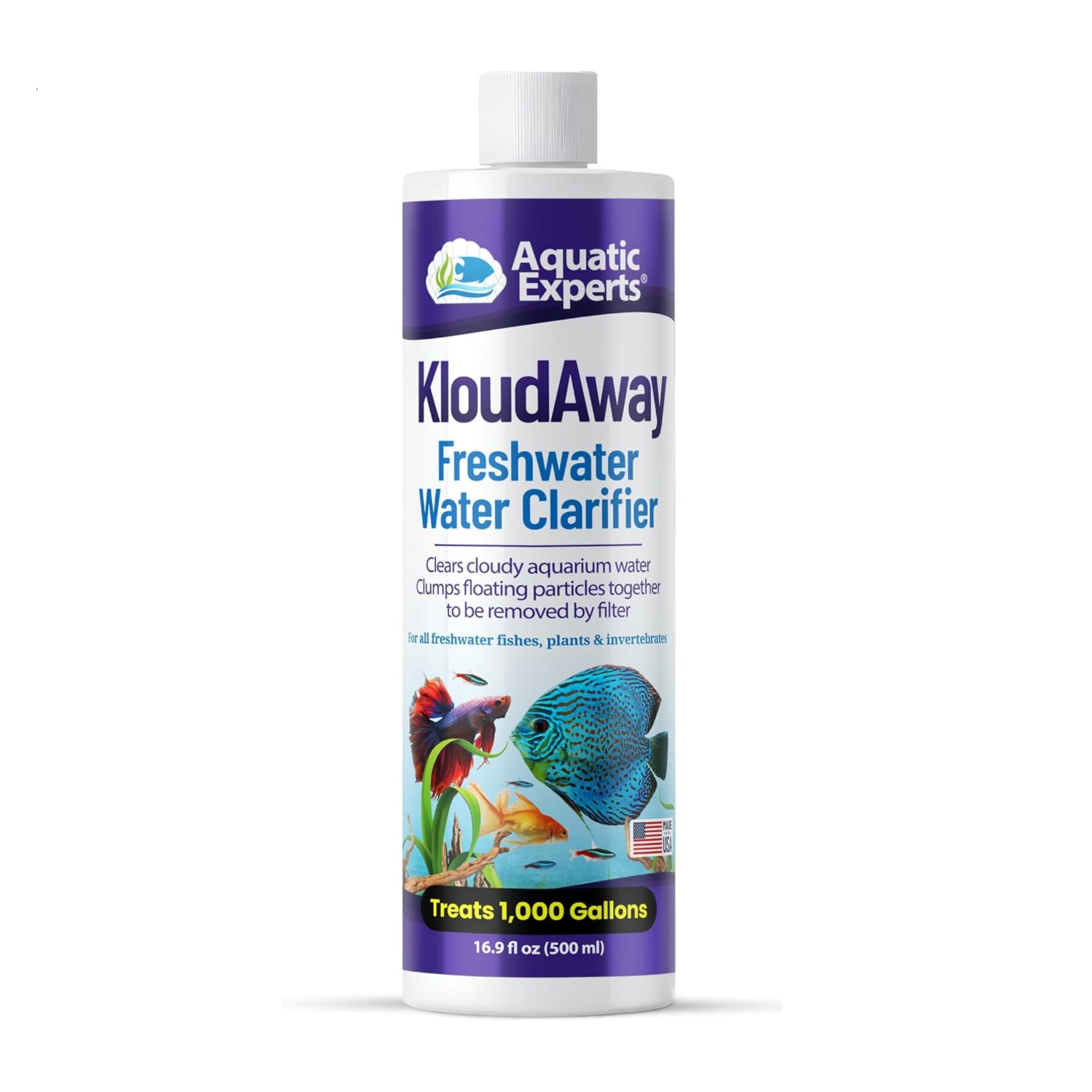 Aquatic Experts KloudAway freshwater aquarium water clarifier bottle with clear liquid for reducing cloudiness in fish tanks