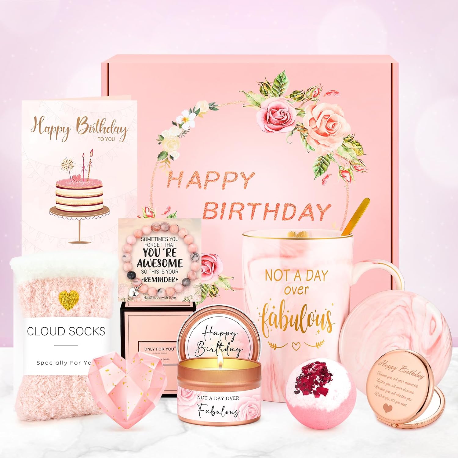 Gagalico birthday gift basket for women with colorful flowers, chocolates, and celebratory items for a happy birthday celebration.