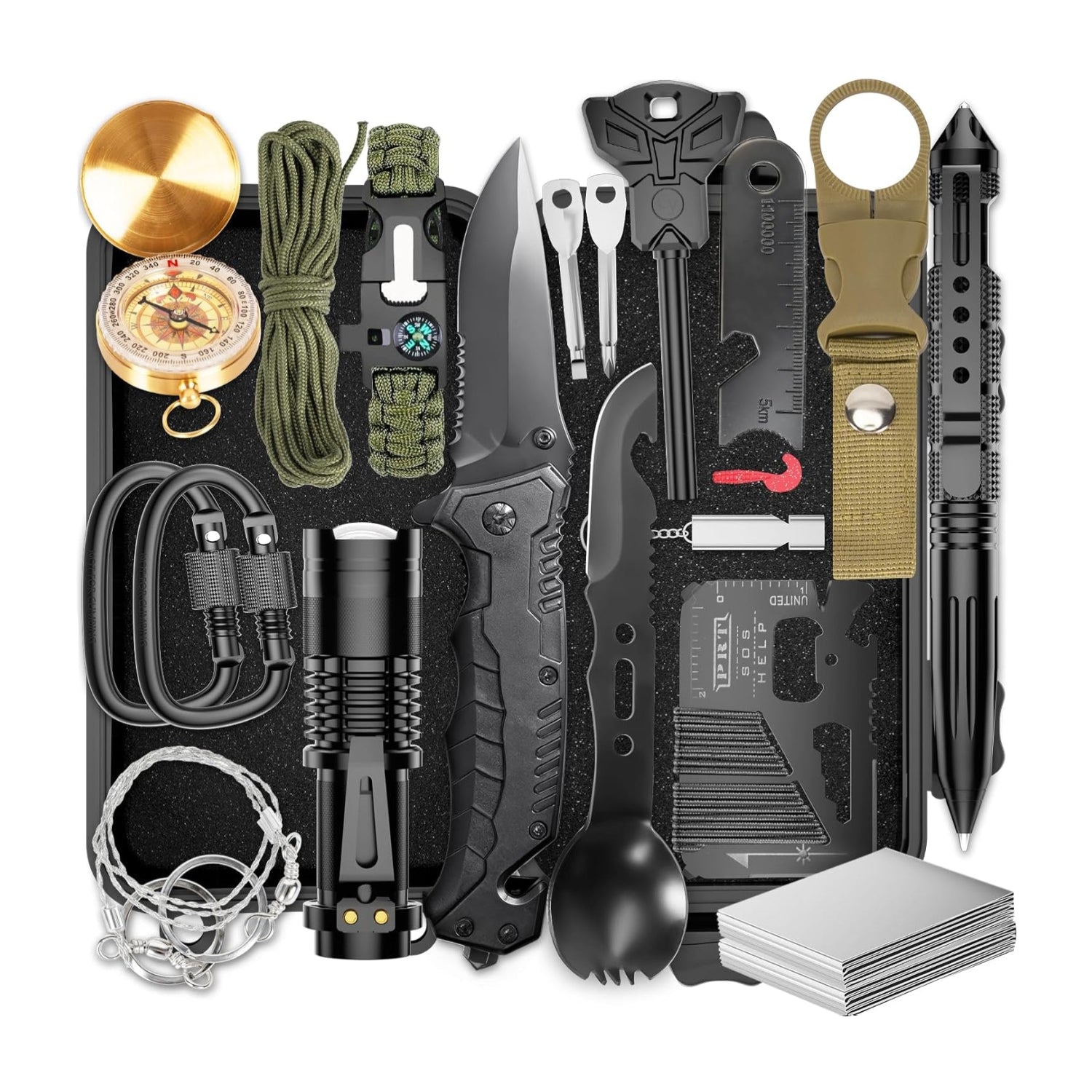 Collection of survival tools including knives, compass, flashlight, and multitools on a black background.