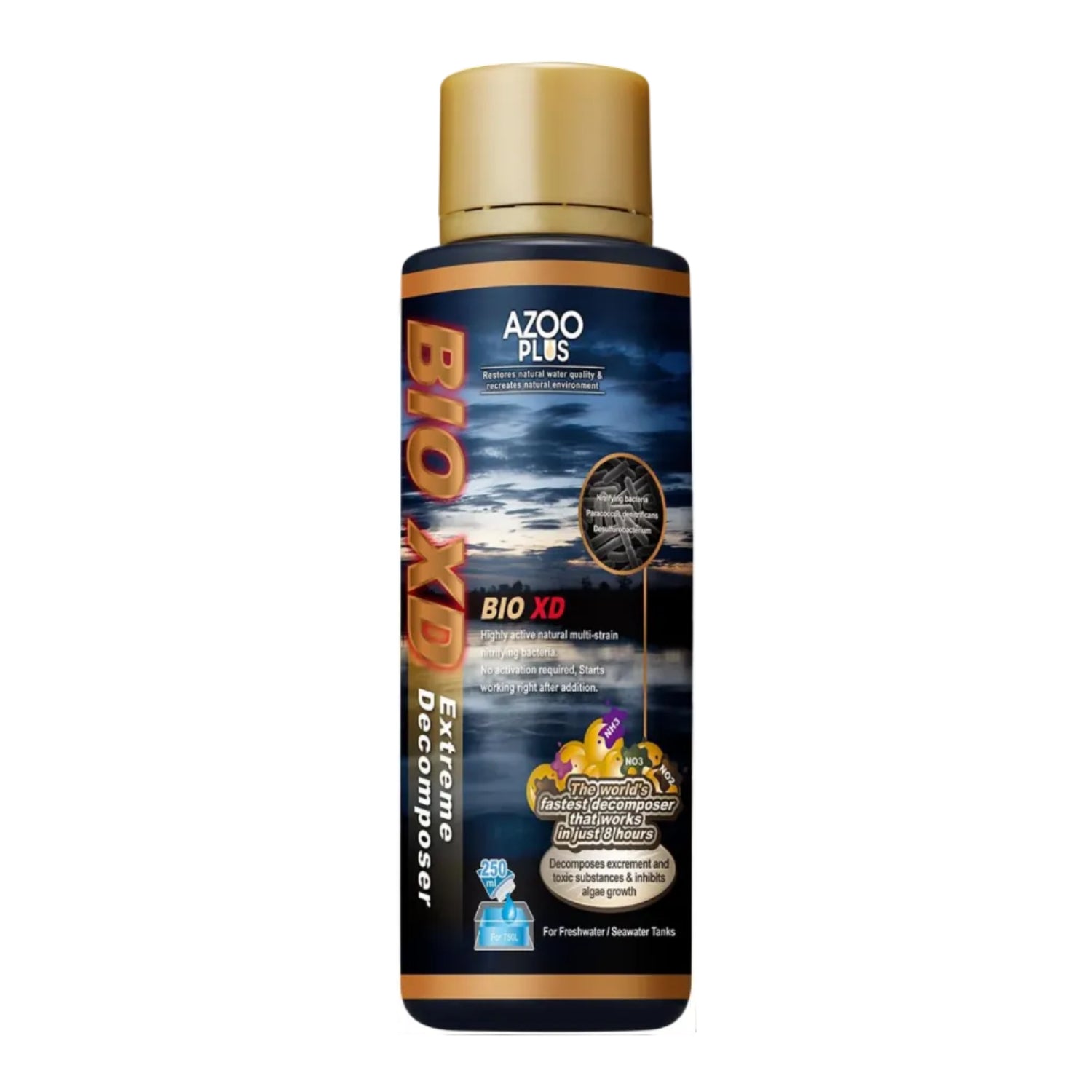 Azoo AZOOPLUS BIO XD Extreme Decomposer Nitrifying Bacteria container for freshwater aquarium, showing the product label and packaging.