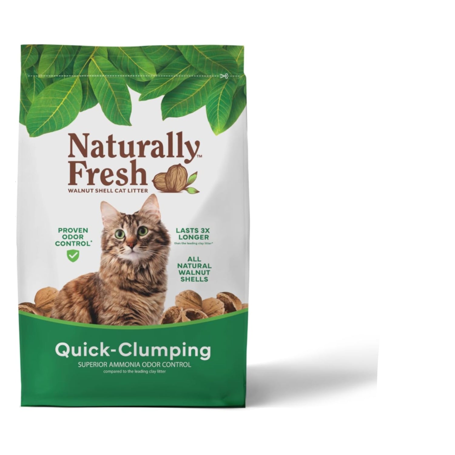 Naturally Fresh walnut shell cat litter in a bag, showing the quick-clumping, natural cat litter made from walnut shells.