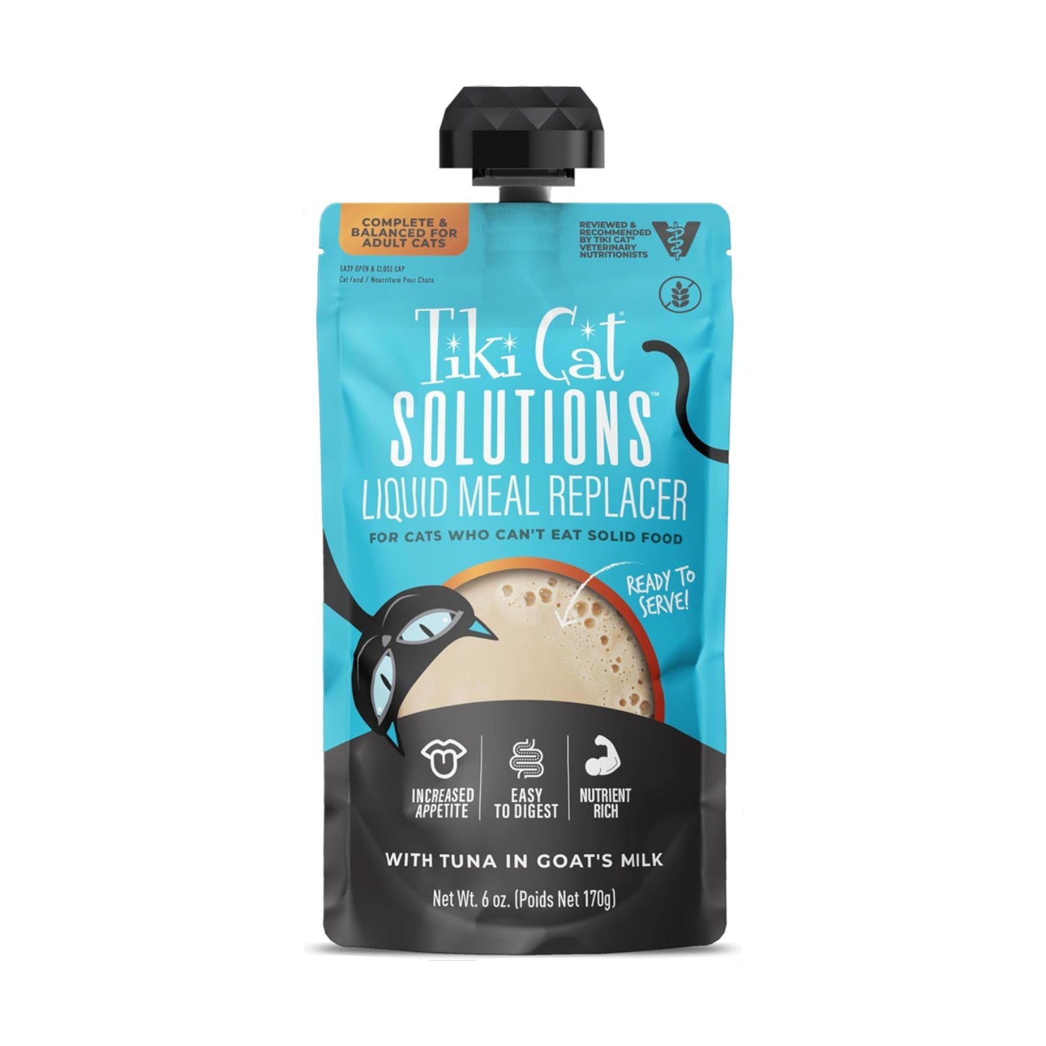Tiki Cat Solutions Liquid Meal Replacer wet cat food with tuna in goat's milk, in a clear serving bowl.