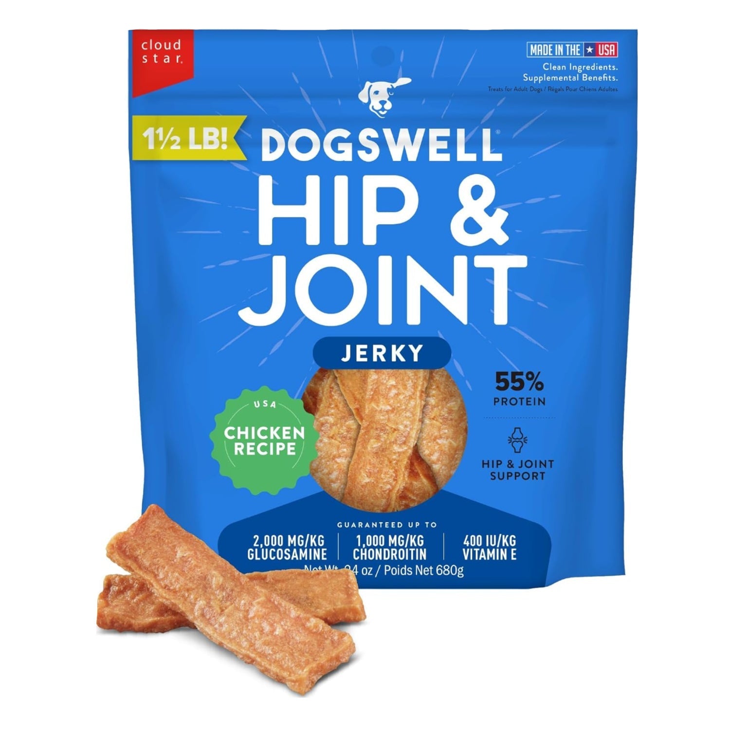 Dogswell Jerky Hip and Joint Dog Treats, grain-free, made in USA, showing a package of healthy, chewy dog treats for joint support.