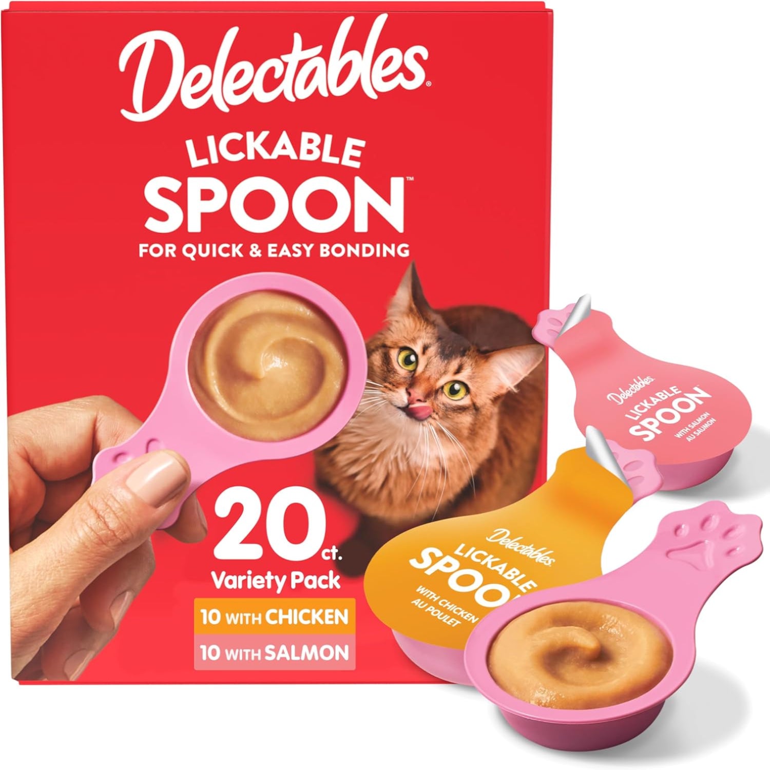 Delectables Lickable Spoon cat treats with real chicken and salmon in a 20-count pack, handheld wet treats for cats.