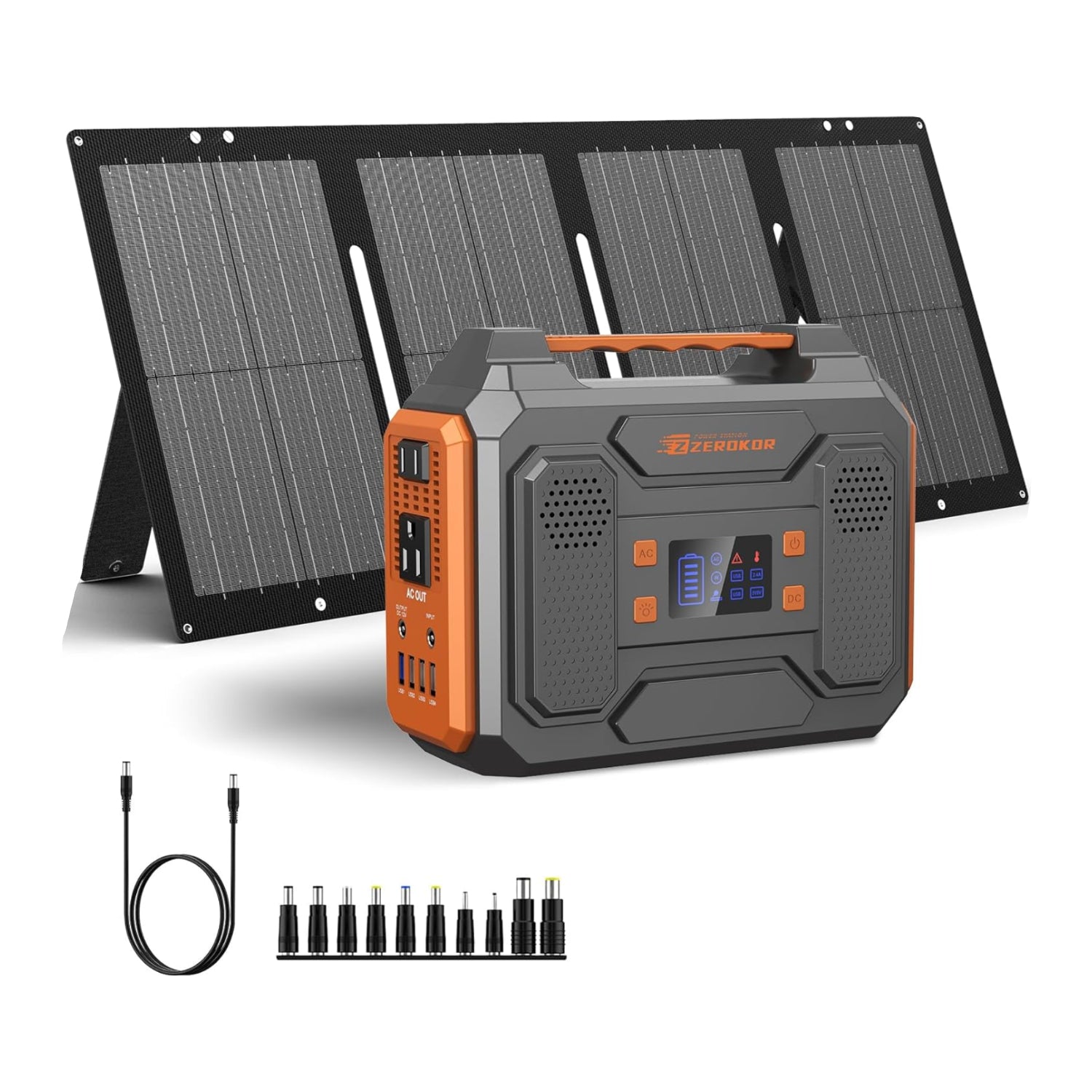 Portable power station with solar panels and accessories on a white background