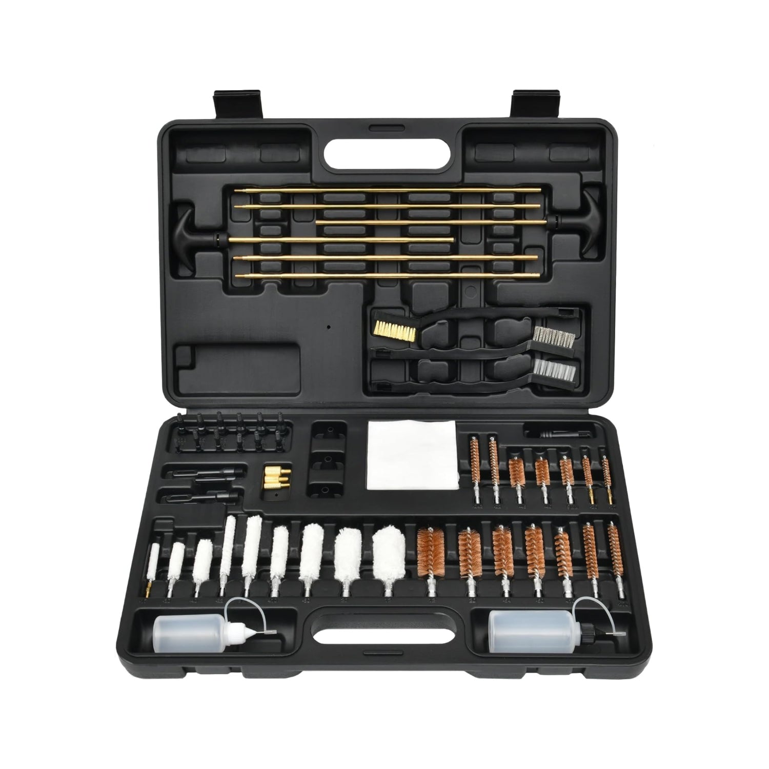 Black gun cleaning kit with various tools in an open case on a white background