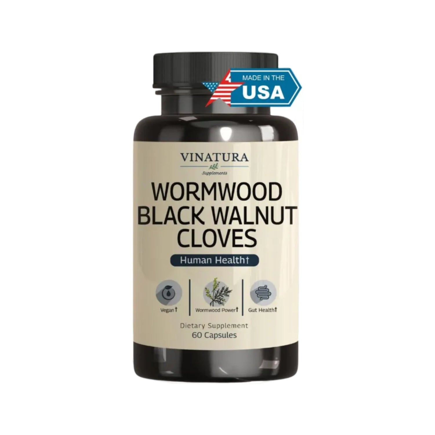 Supplement bottle labeled 'Wormwood Black Walnut Cloves' by Vinatura with USA made badge.