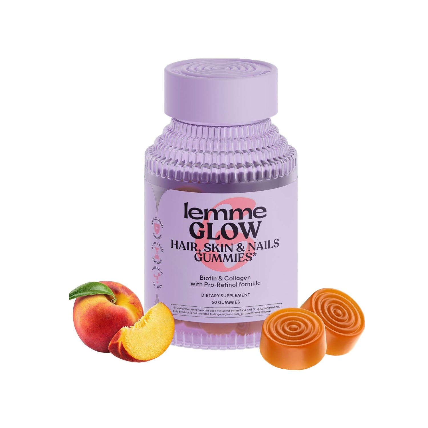 Lemme Glow Collagen Gummies for thick hair, strong nails, and healthy skin, featuring a colorful bottle with gummies inside.
