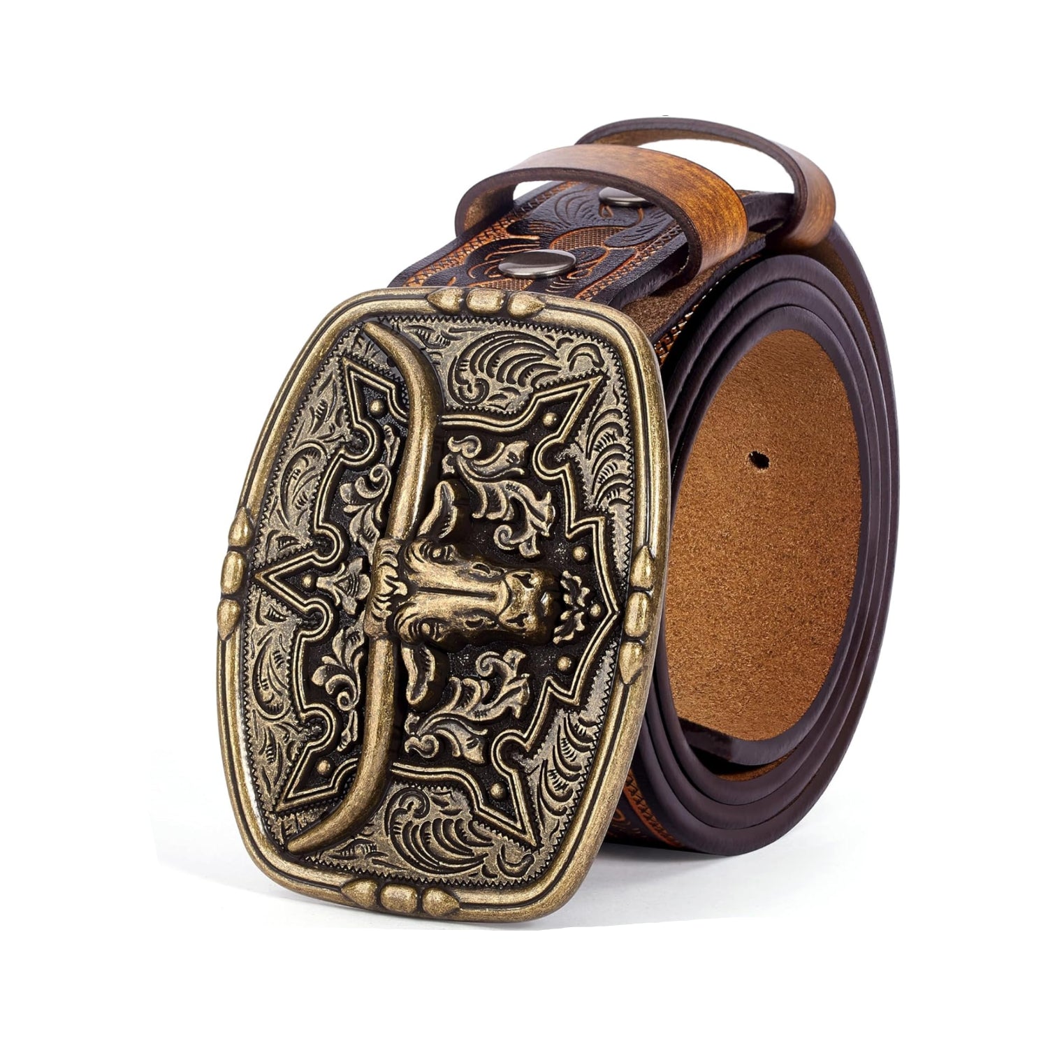 BISON DENIM men's western cowboy belt with large printed engraved buckle and denim strap, styled for western wear.