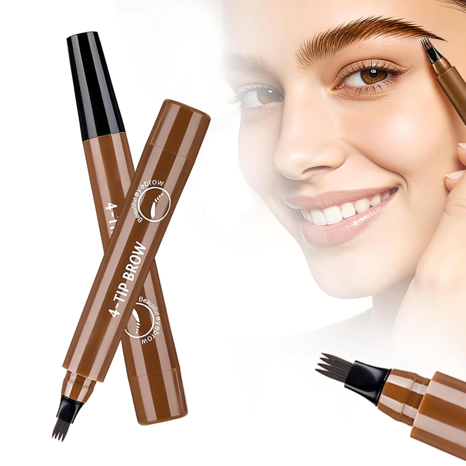 Two brow pencils with a close-up of a woman's face and one pencil applying makeup.