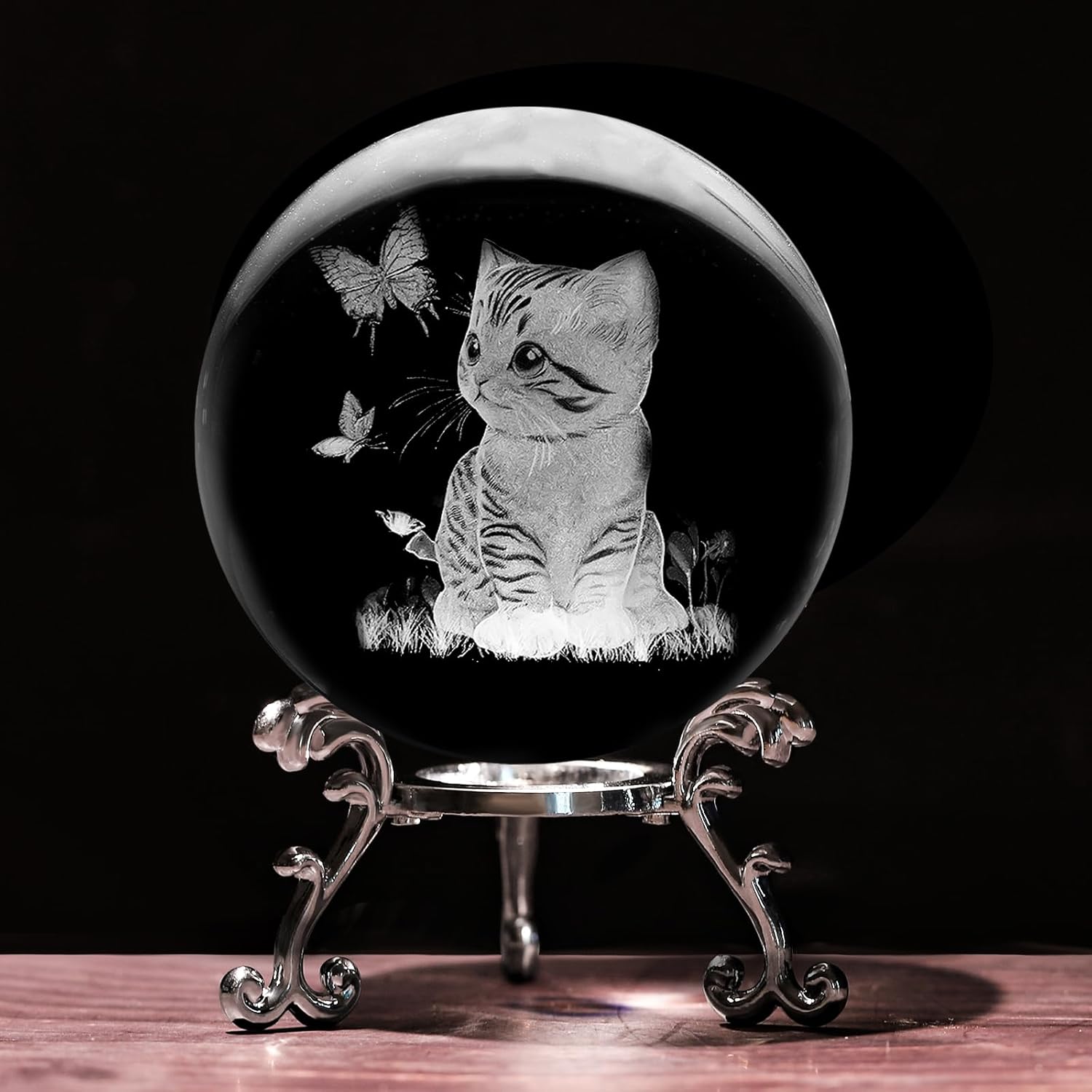 Lase engraved glass cat crystal ball with stand, decorative paperweight featuring detailed 3D cat design by PYJ3DLAMP.
