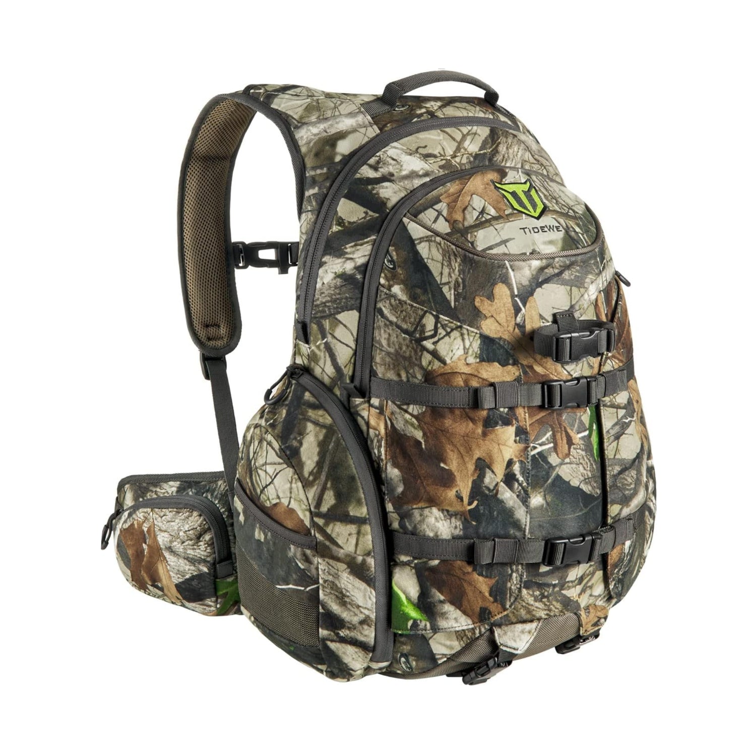 TIDEWE waterproof camo hunting backpack with rain cover, featuring multiple compartments and adjustable straps for outdoor hunting.