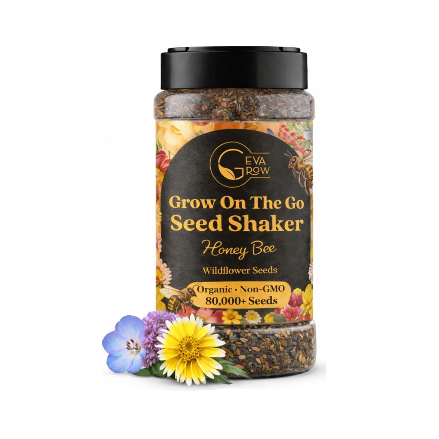 Seed shaker jar with black lid labeled 'Grow On The Go Seed Shaker Honey Bee' on a white background.