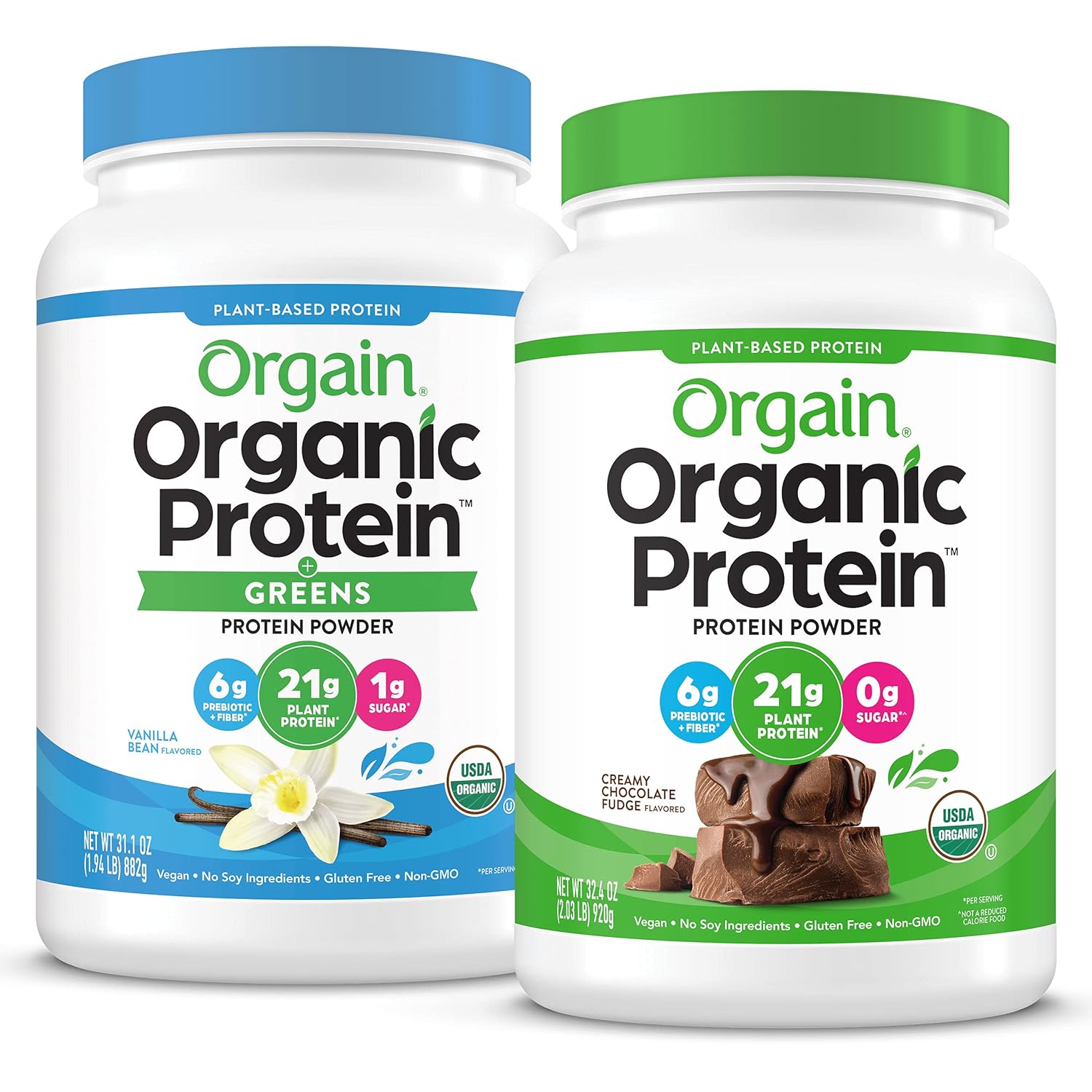 Two containers of Orgain Organic Protein powder, one vanilla and one chocolate, on a white background.