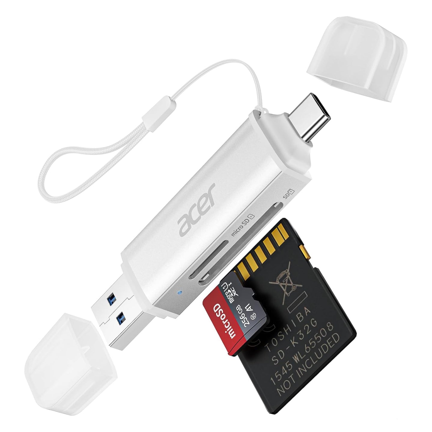 Acer USB-C multi-device adapter with microSD card on a white background