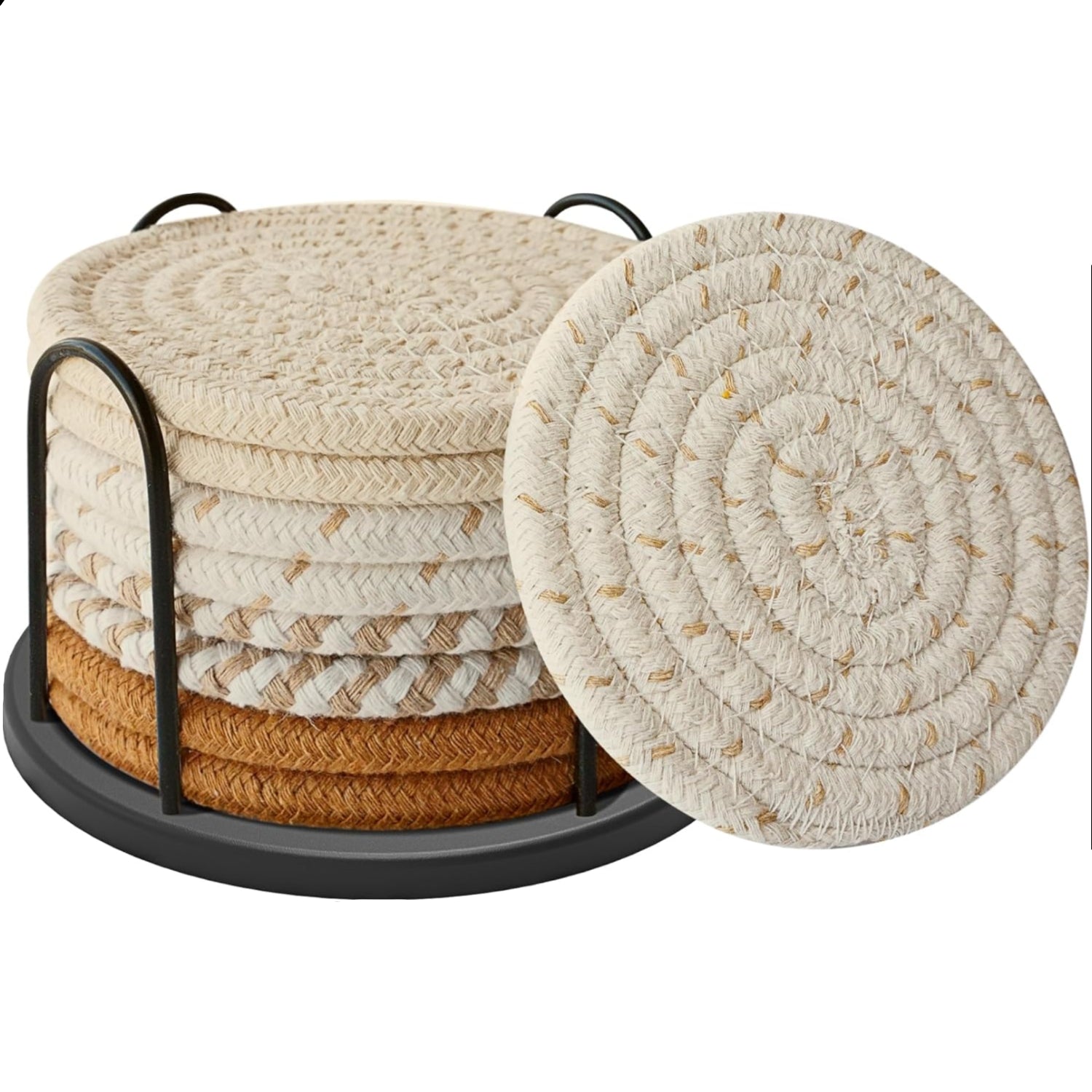 Set of 8 Lazebox cotton woven drink coasters in four colors, absorbent and ideal for beer, coffee, and other beverages.
