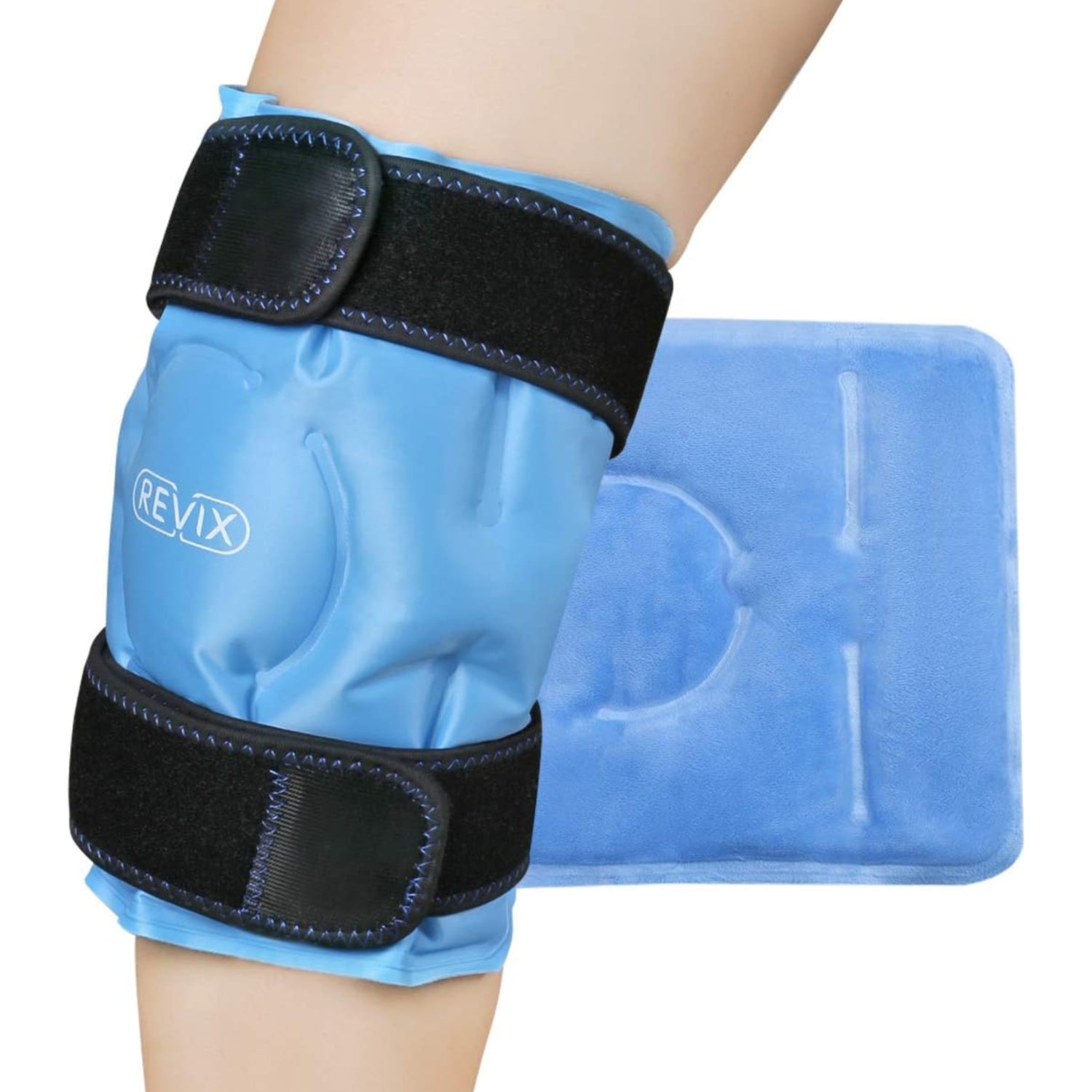 Blue knee pad with black straps and a REVIX logo, accompanied by a blue ice pack on a white background.
