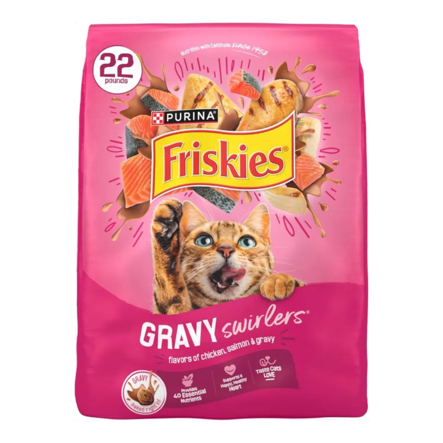 Canned cat food Purina Friskies Gravy Swirlers with chicken, salmon, and gravy flavors in a colorful can.