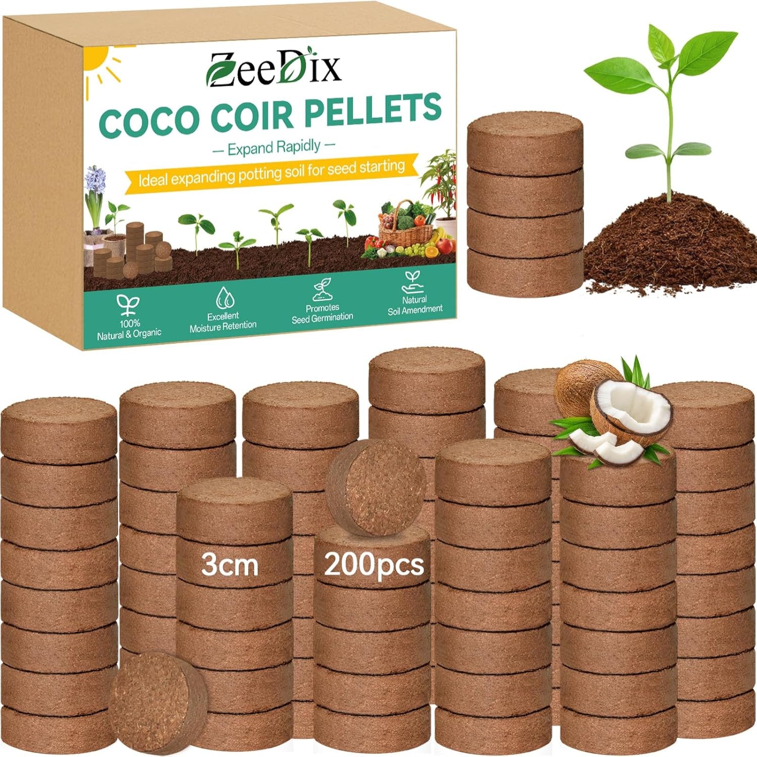 ZeeDix 200pcs 30mm coco coir pellets for potting soil, ideal for indoor plants, showing compact spherical pellets in a pile