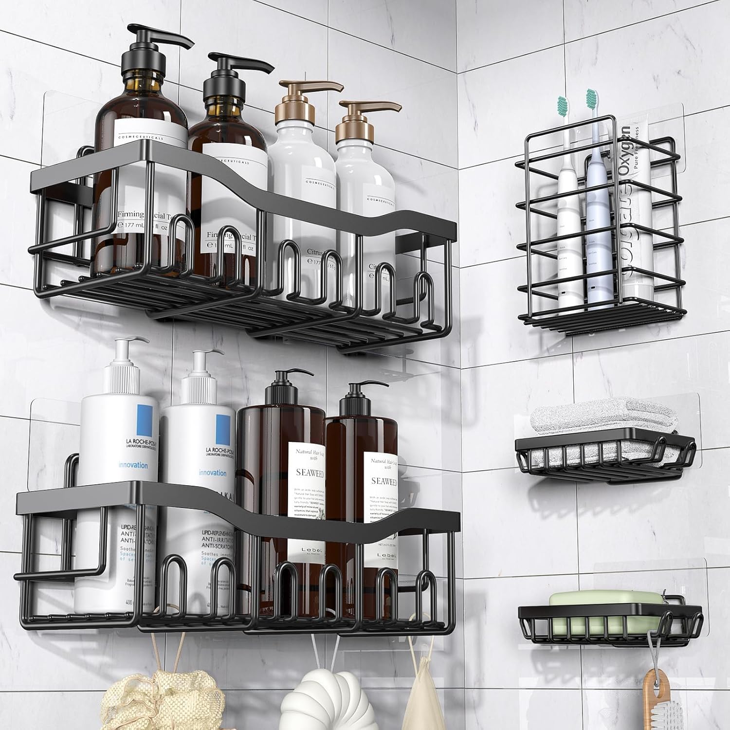 Bathroom shelves with toiletries against a tiled wall