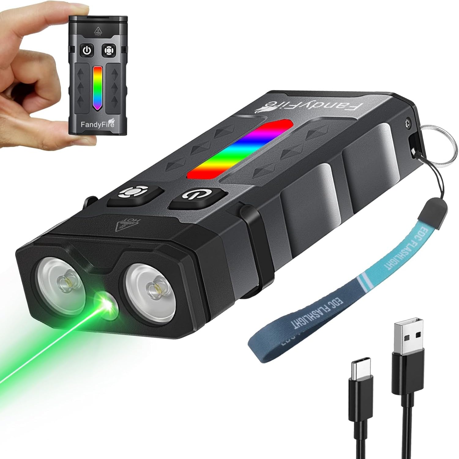 Multifunctional device with flashlight, laser pointer, and power bank features on a white background.