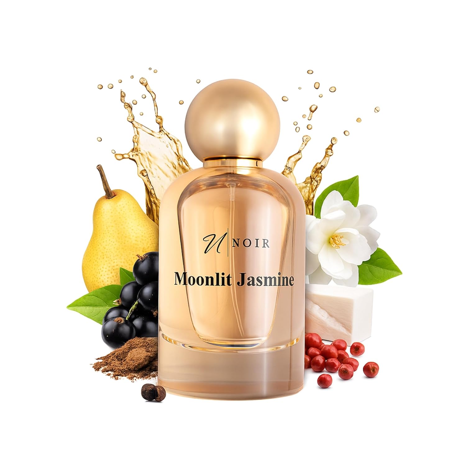 NOIR Moonlit Jasmine Eau de Parfum for Women, warm sweet floral fragrance bottle with elegant design.