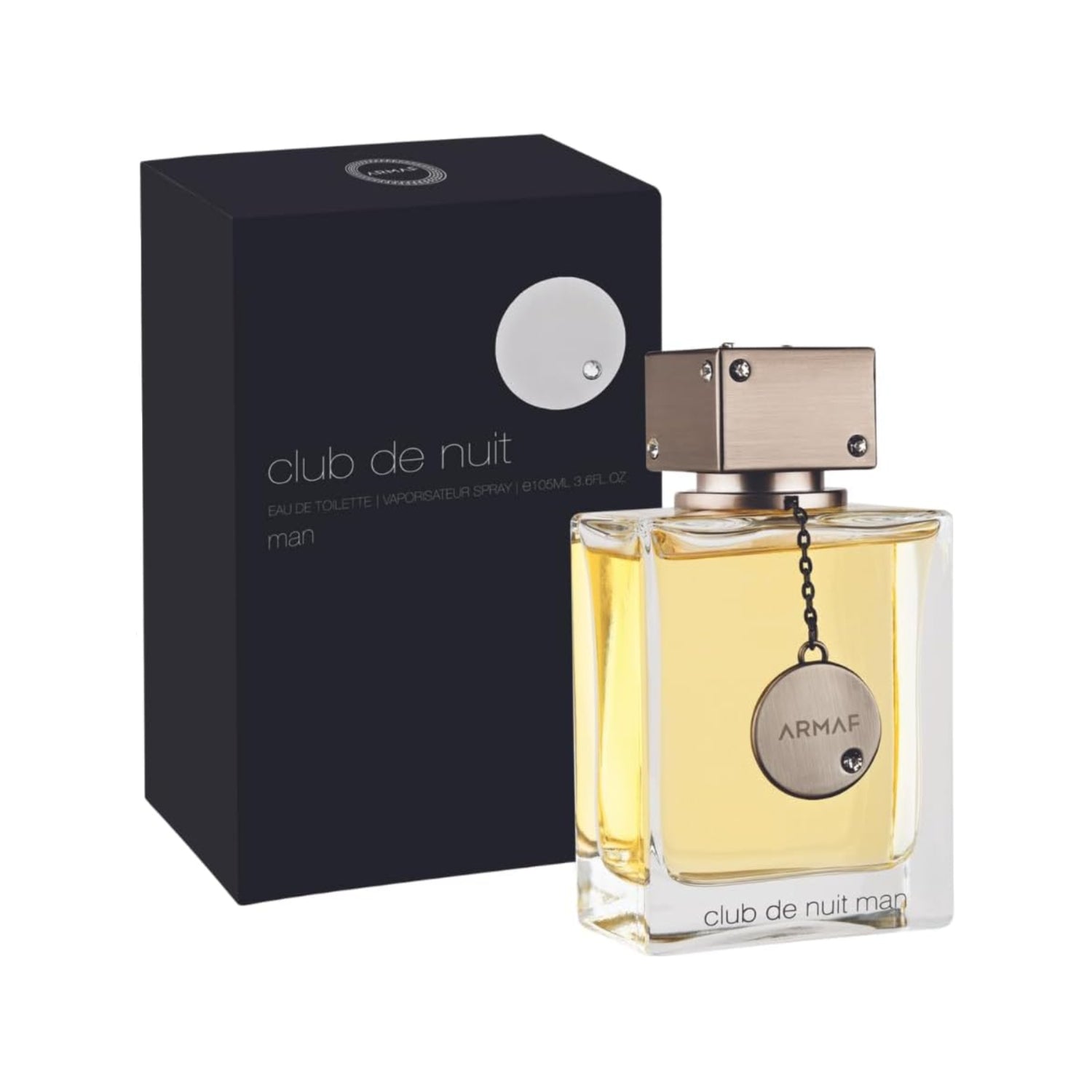 Armaf Club de Nuit Man Eau de Toilette spray bottle with black cap and sleek packaging, showcasing the fragrance design.
