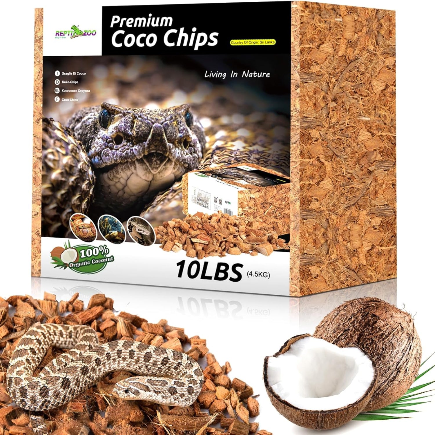 REPTI ZOO 72 Quart reptile coconut chip substrate with coco husk, natural reptile bedding for habitat enrichment
