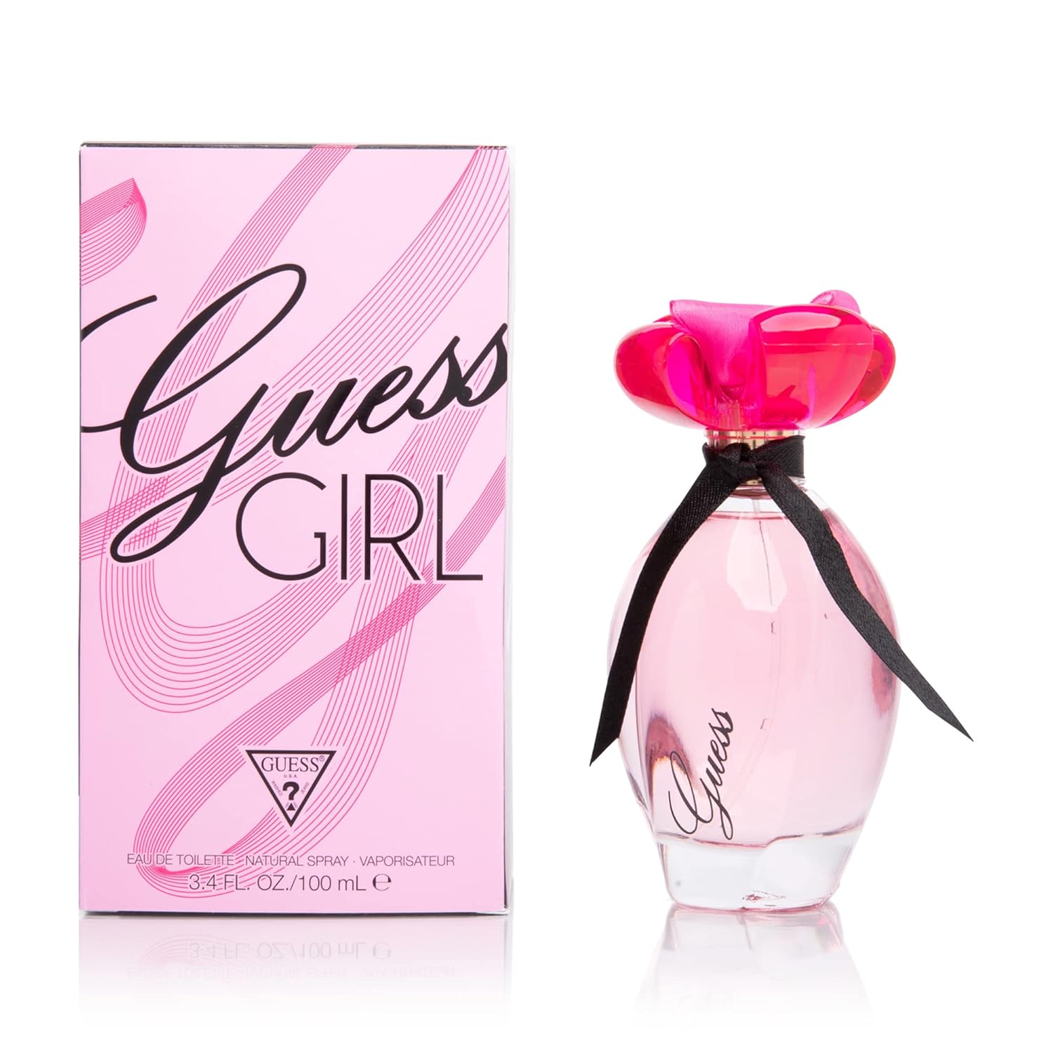 GUESS Girl Eau de Toilette spray for women, 3.4 ounces, featuring a sleek perfume bottle with a modern design and pink accents.