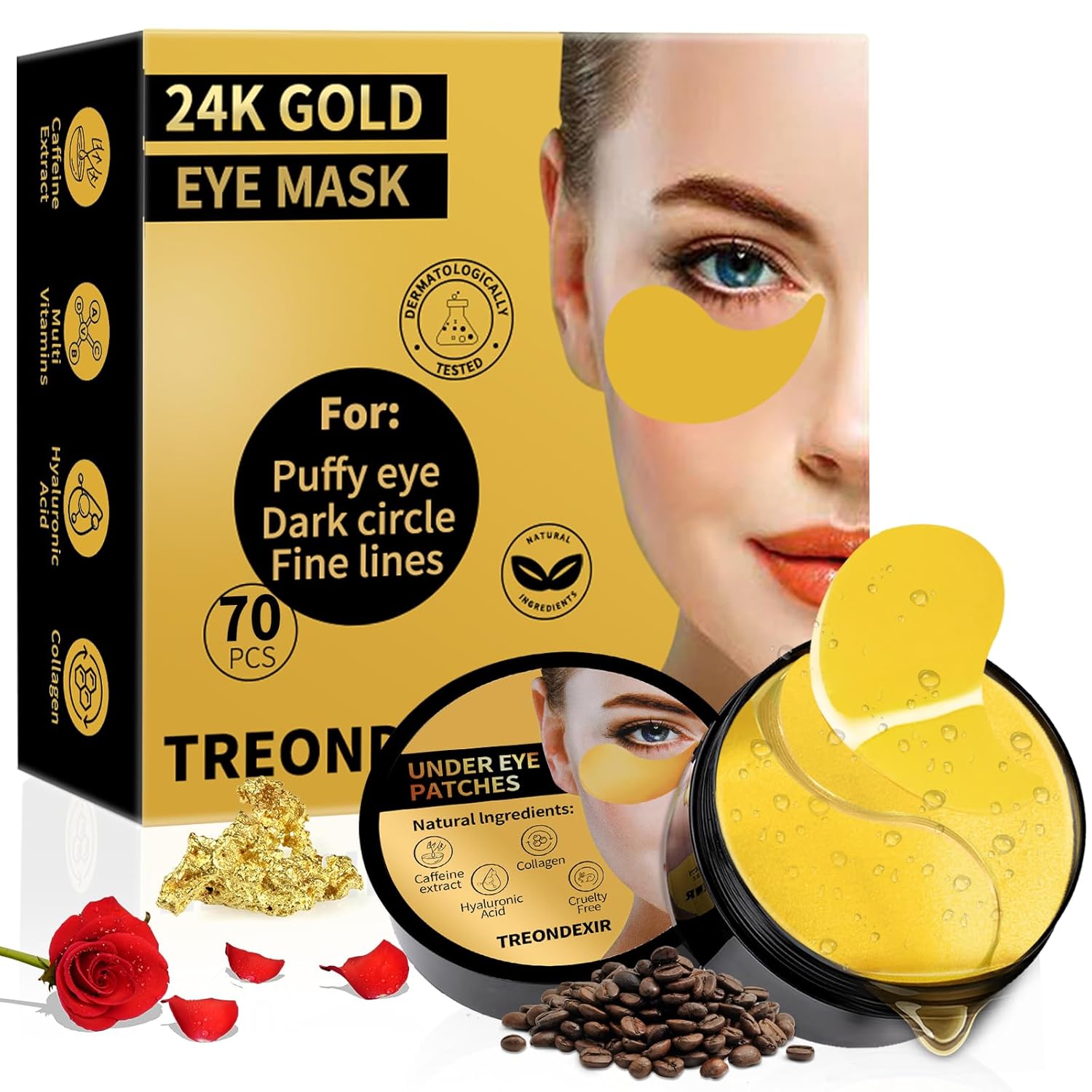 24K Gold Eye Mask packaging with a woman wearing the mask, gold leaves, and coffee beans on a white background.