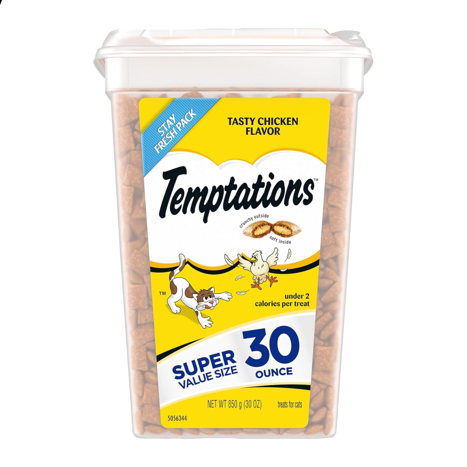 Temptations cat treats tub with classic crunchy and soft chicken-flavored treats, 30 oz package for feline snacking.