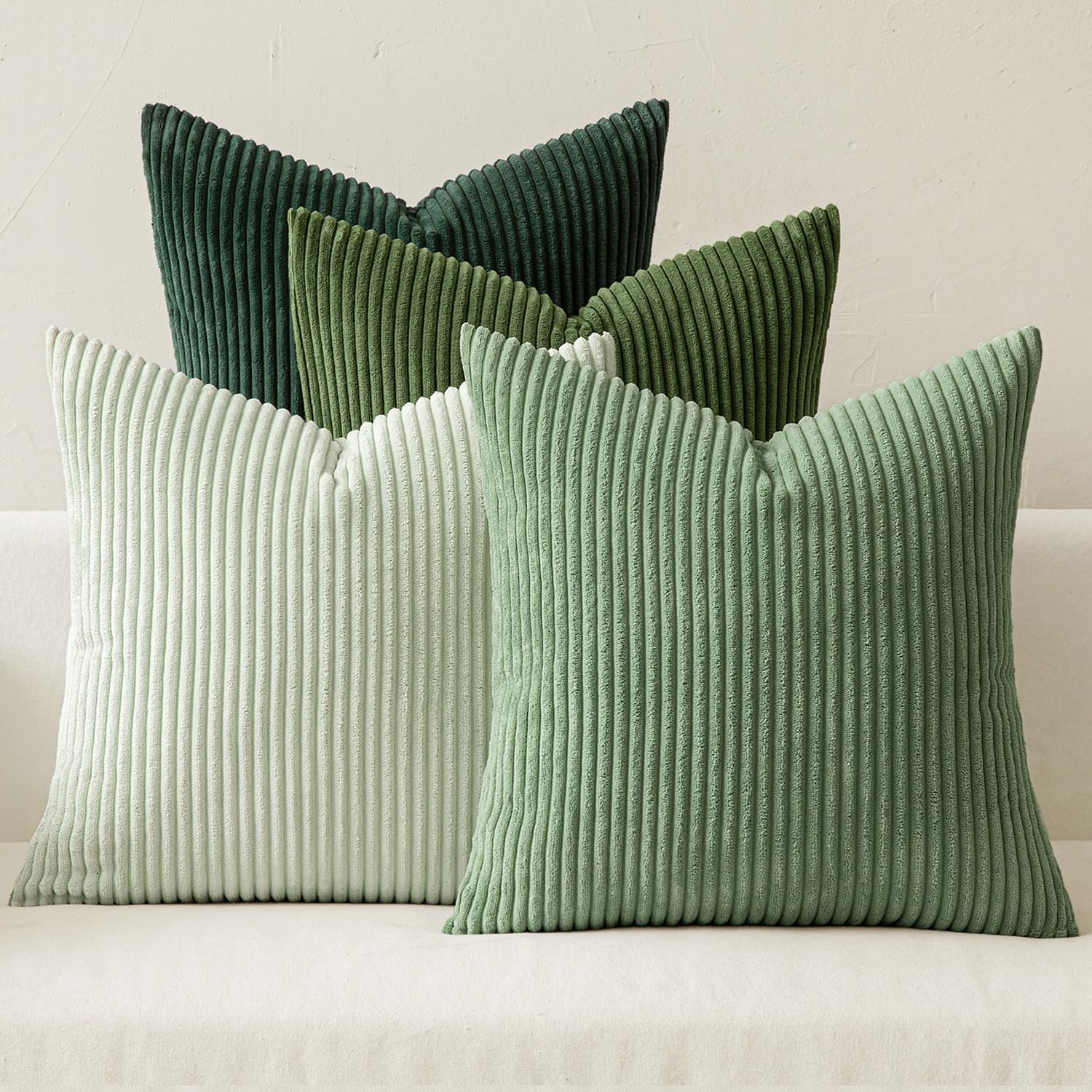 Set of four MIULEE Boho farmhouse sage green throw pillow covers, 18x18 inches, modern decorative cushions for sofa or bed.