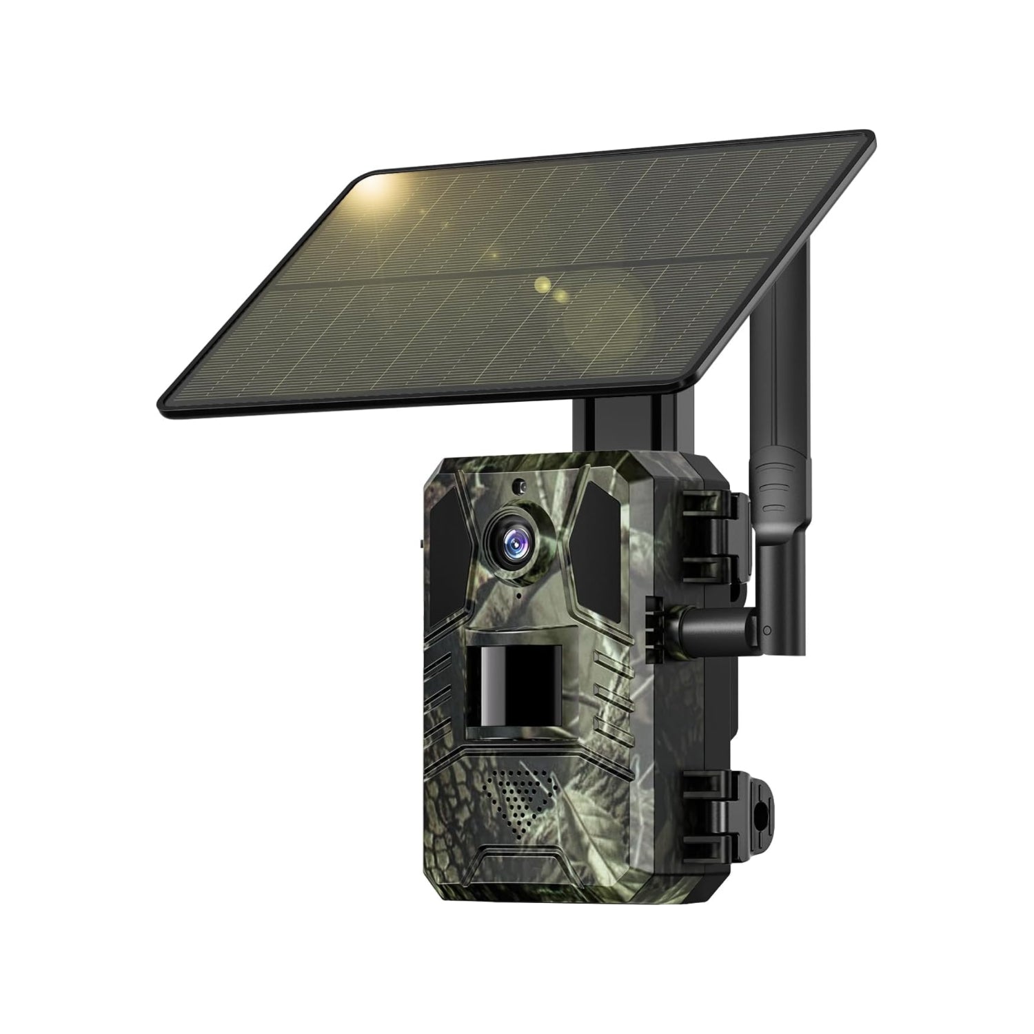Camouflage hunting camera with solar panel on a white background
