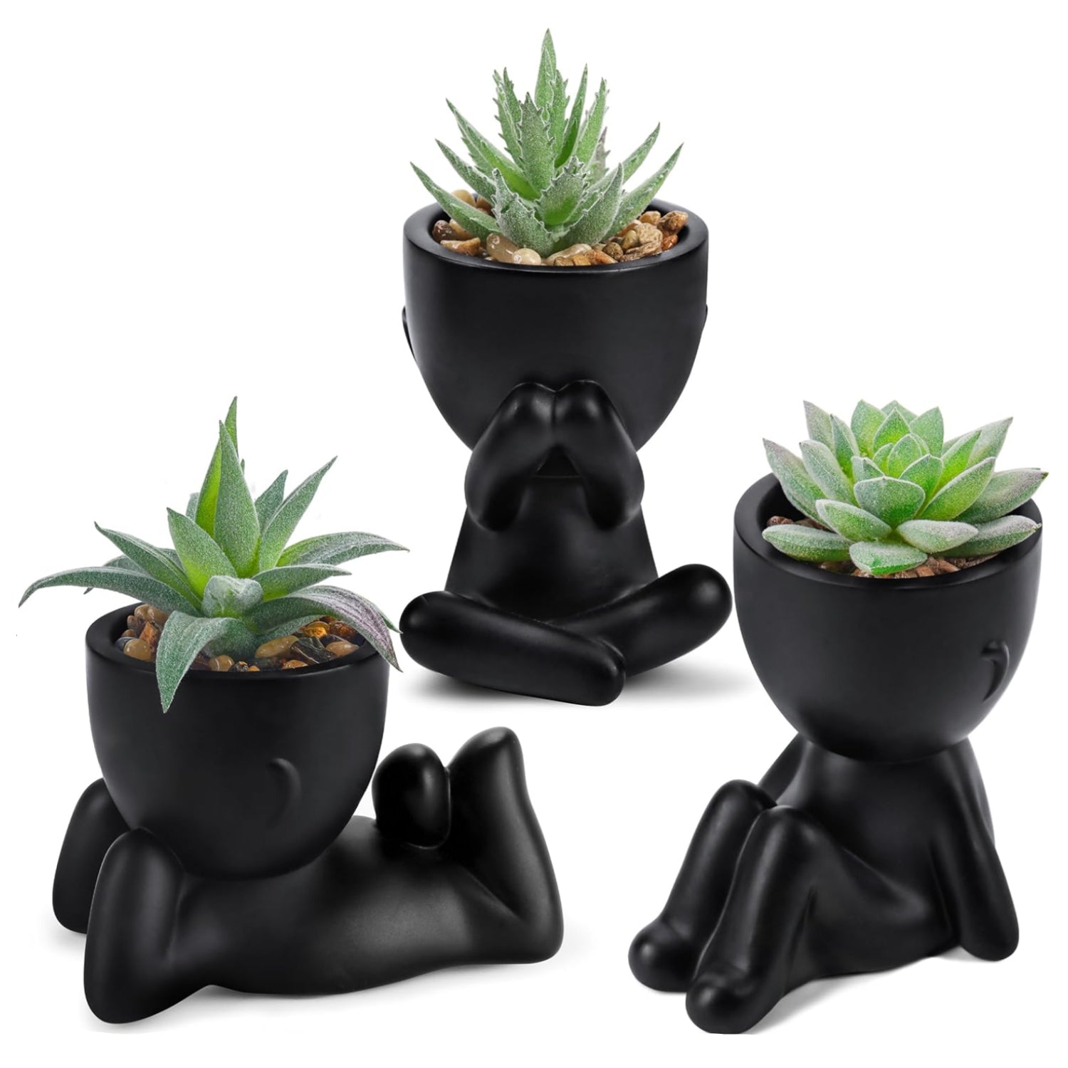 Set of three artificial succulents plants by Der Rose, realistic faux succulents ideal for black bathroom or bedroom decor.