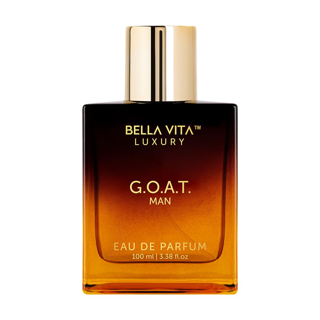 BellaVita Luxury G.O.A.T. men's Eau De Parfum bottle with sleek design and natural refreshing notes, 3.4 fl oz.