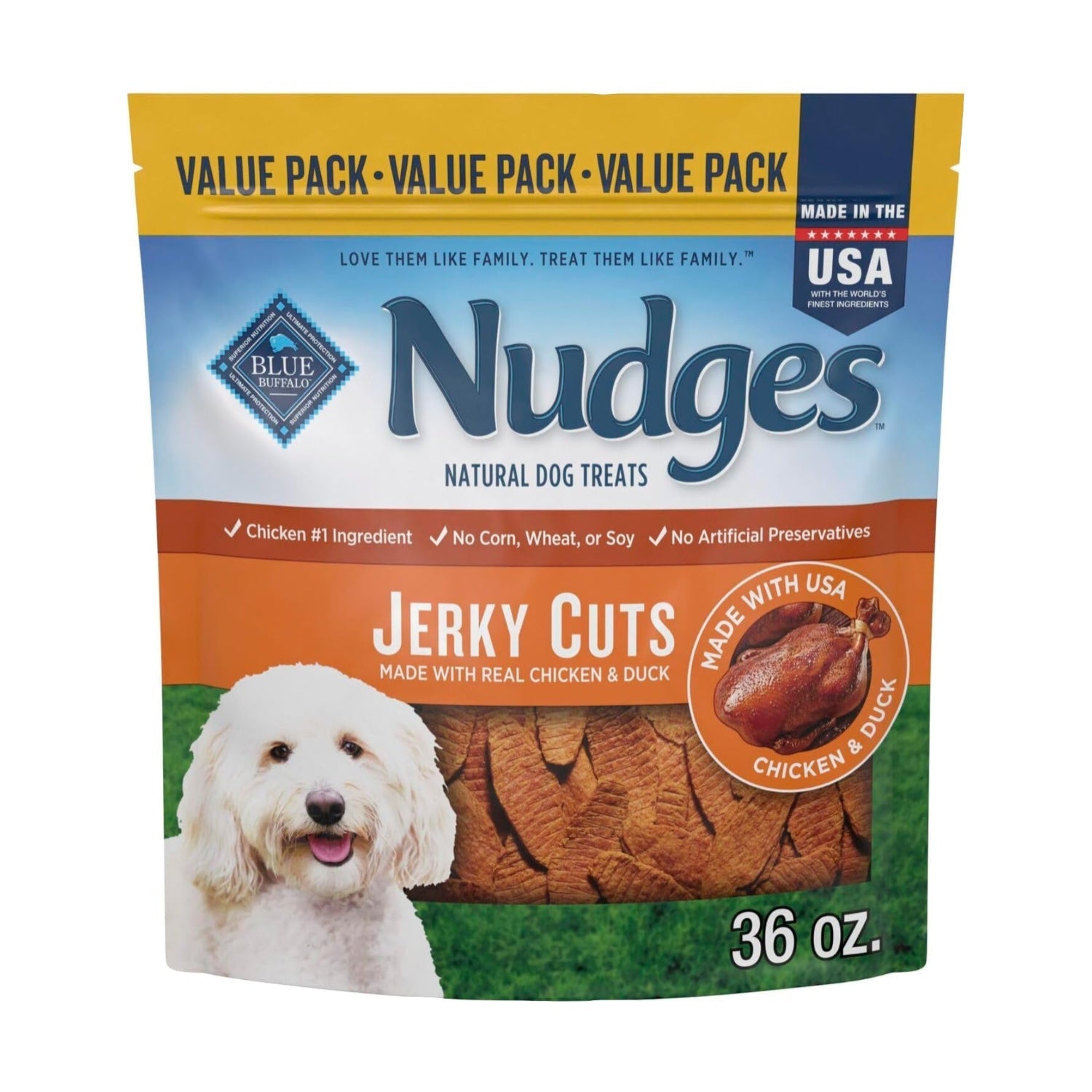 Blue Buffalo Nudges Jerky Cuts dog treats in natural beef flavor, made in the USA, shown in a clear package with jerky slices.