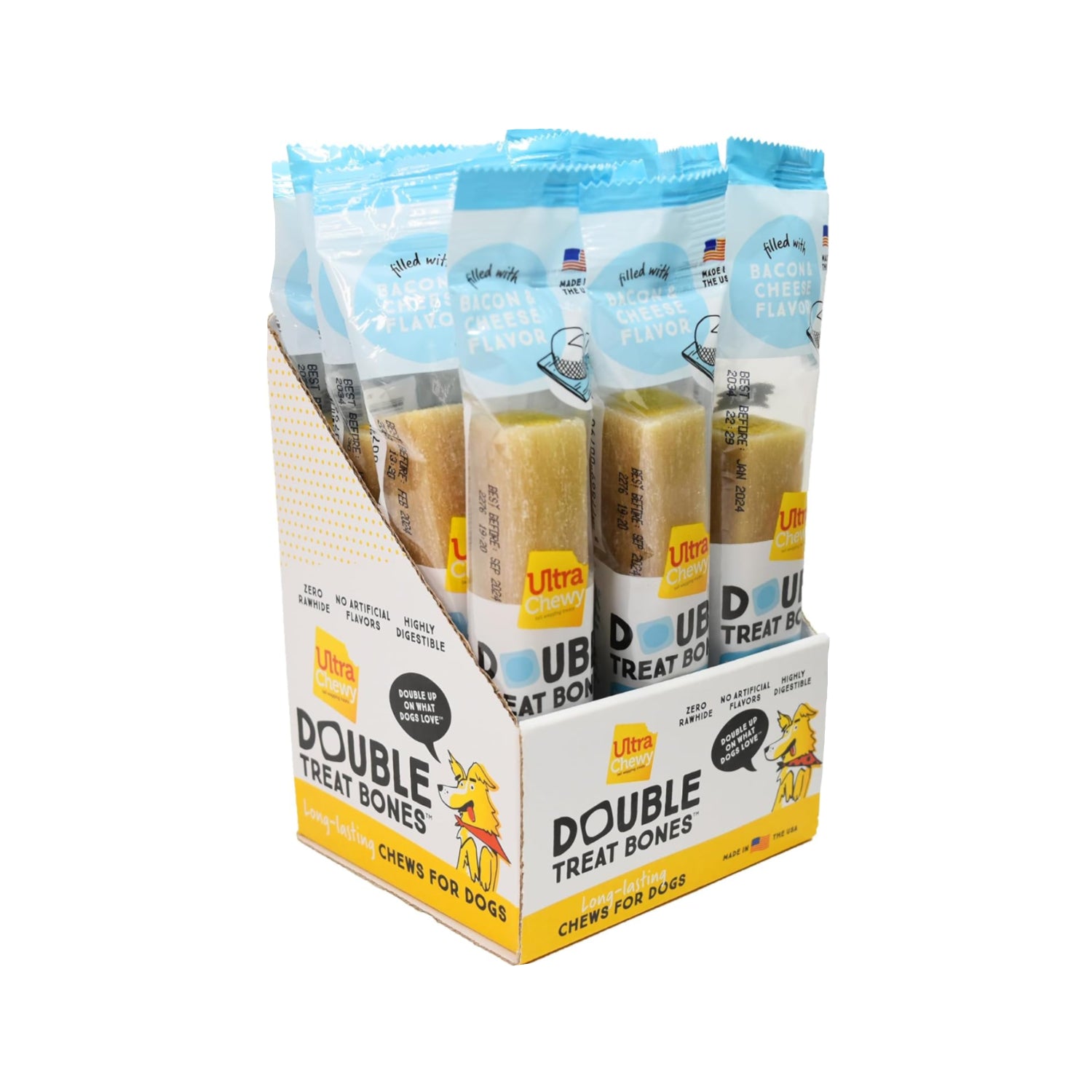 Ultra Chewy Bacon and Cheese Double Treat Bones for dogs, showing long-lasting, chewy treats made in the USA.