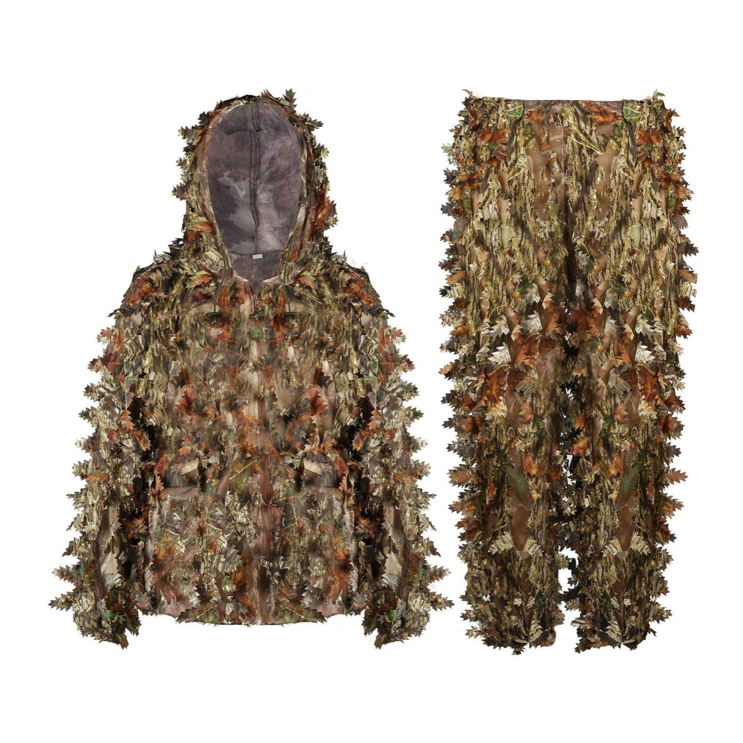 EAmber ghillie suit with 3D leaf camo, hunting pants designed for heights 5.9 to 6.3 feet, natural woodland camouflage pattern.
