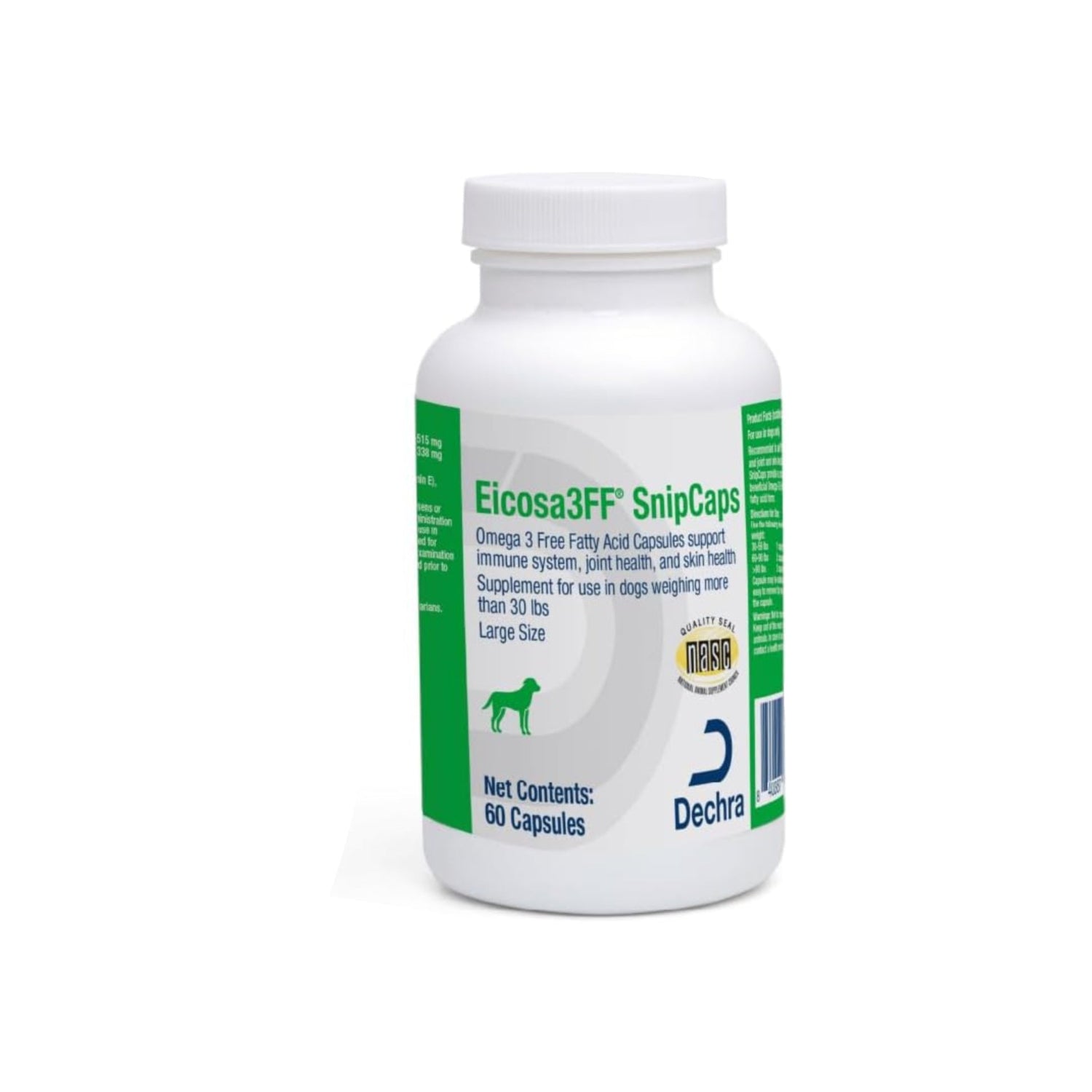 Eicosa3FF SnipCaps Omega 3 Free Fatty Acid Capsules for Dogs, large size, 60 count, showing the capsule bottle and packaging