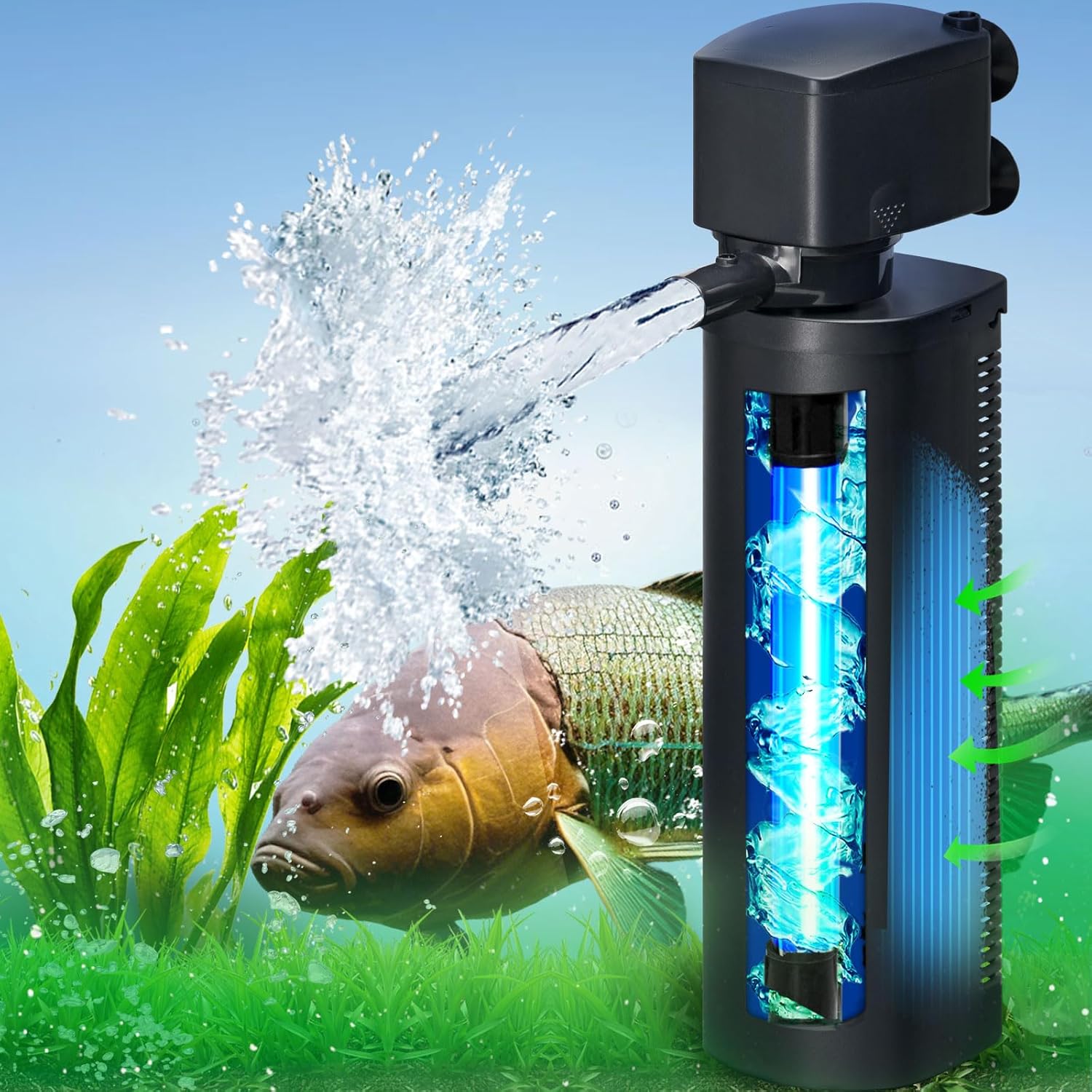 Coospider-Repta 660GPH aquarium filter with UV sterilizer for 100-400 gallon tanks, showing the filter unit and UV bulb.