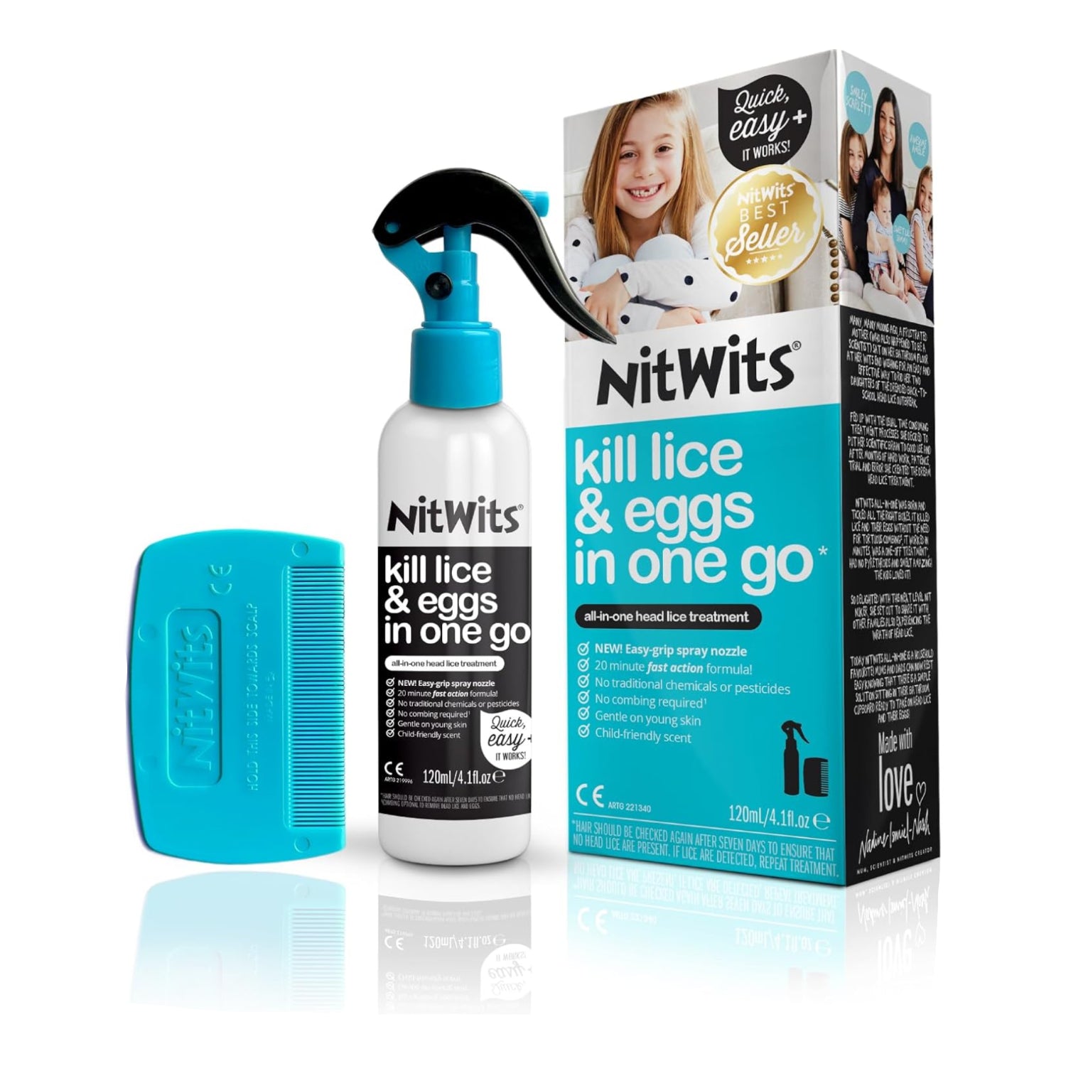 NitWits lice treatment spray bottle and packaging on a white background