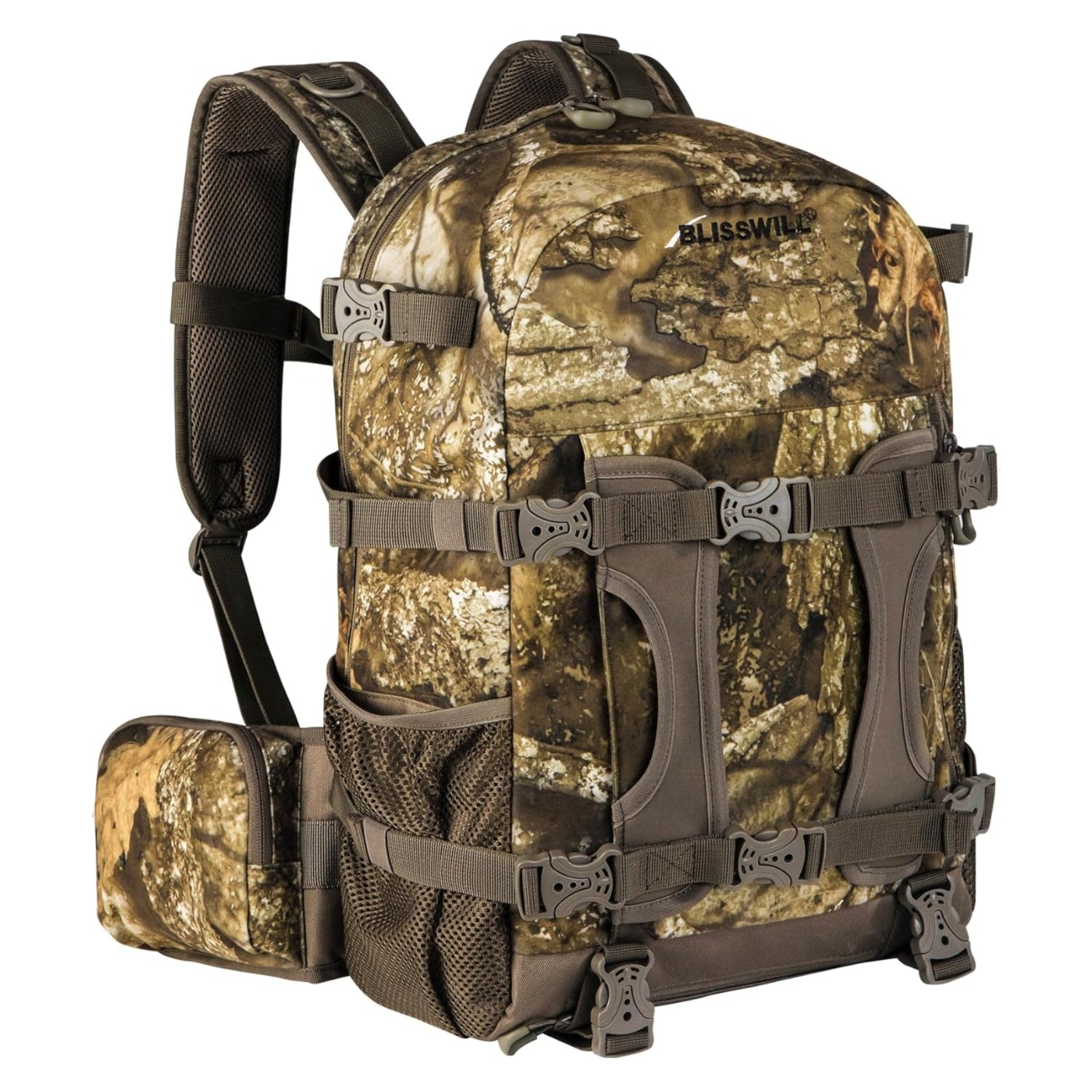 Camouflage backpack with multiple straps and a visible brand logo on a white background