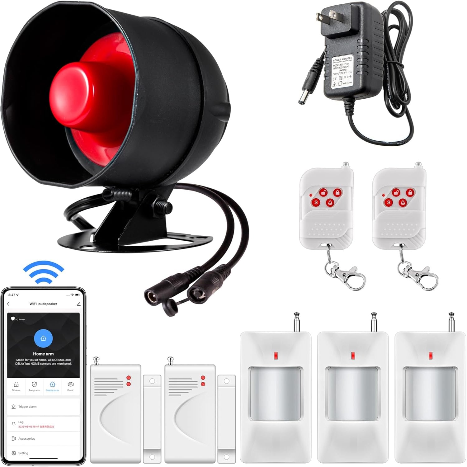 Security alarm system with siren, power adapter, remote controls, and smartphone app on a white background.
