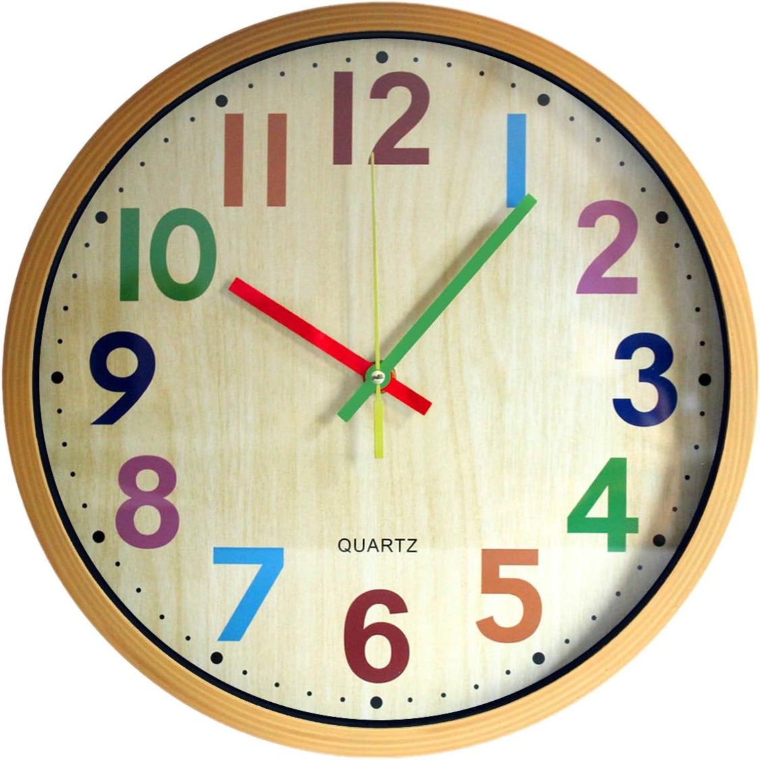 Colorful 12-inch TOHOOYO wall clock with easy-to-read numbers and silent, non-ticking battery-operated mechanism.