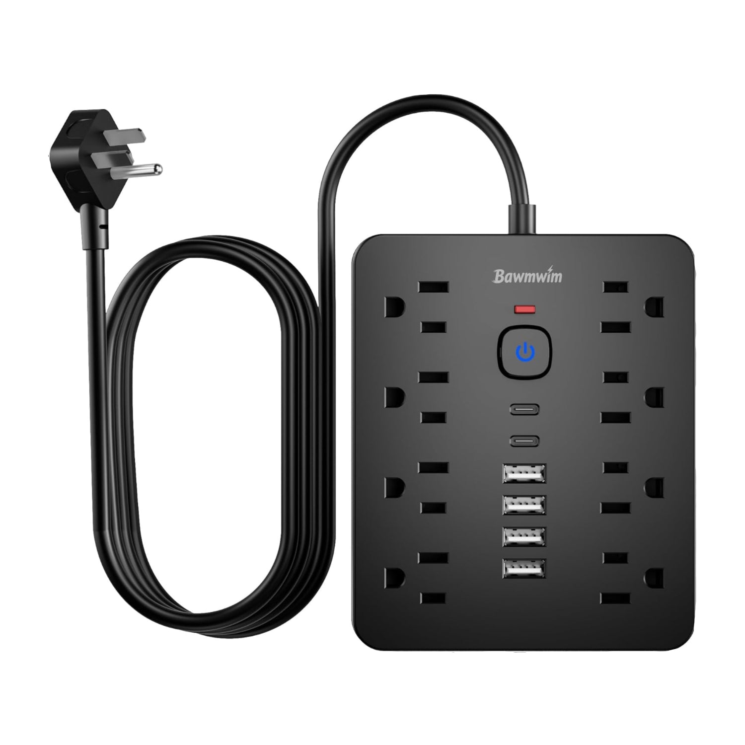 Black power strip with multiple outlets and USB ports, featuring a visible brand logo, on a white background.