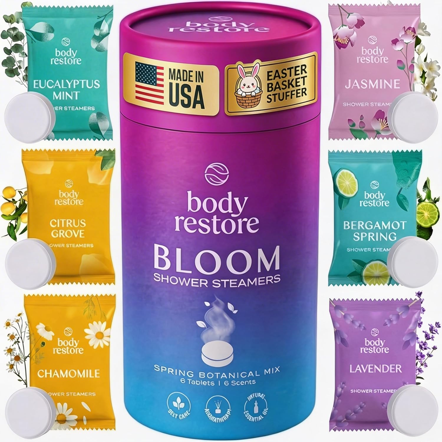 Body Restore shower steamers aromatherapy pack with six steamers, ideal for relaxing bath or shower experience.